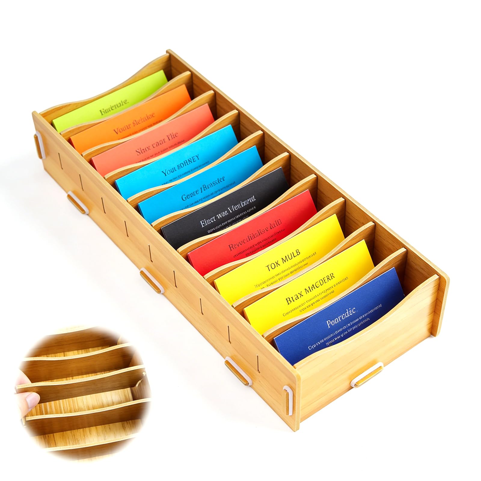 Karteikarten Boxen Holz,Karteikarten Box,Lroße Index Box mit 10 Fächern,9 Herausnehmbar Trennwänden,32x13x6cm Lernkarteibox Holz,für Büro,Schulen Und Heim,Visitenkarten & Büroorganisation