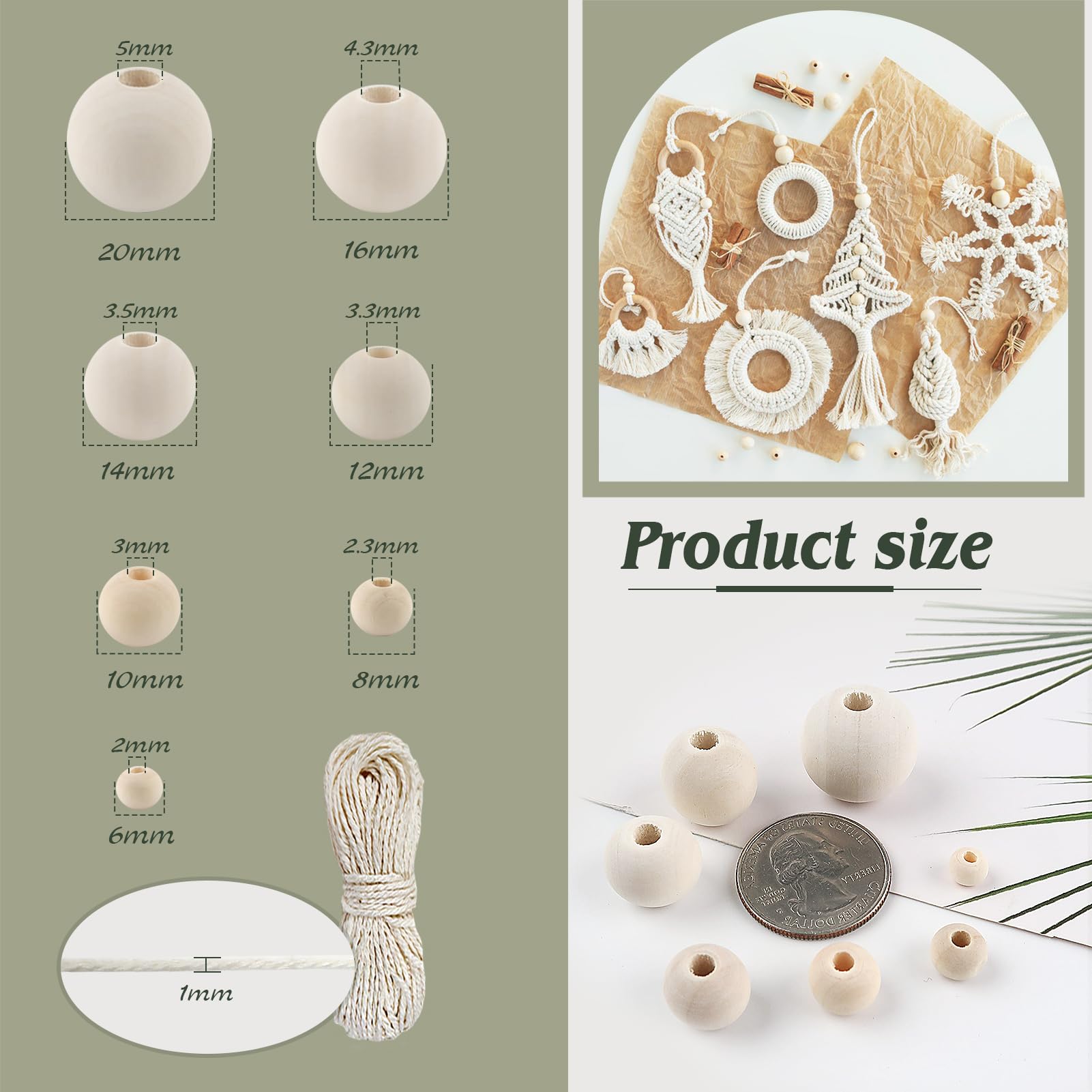 TOAOB 1050 Pezzi Perline in Legno Naturale 6mm a 20mm e 15 Metri Macrame Corda Filo Cotone Rotonde Palline Legna per Braccialetti Collane Lavoretti Fai da Te Decorazioni Artigianali