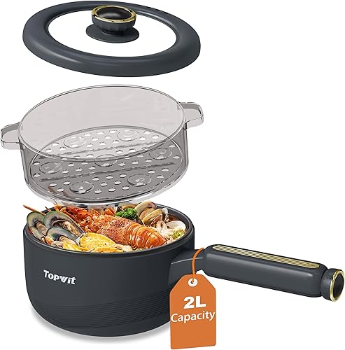 TOPWIT Olla eléctrica con vaporizador, olla eléctrica multifuncional de 2 L, sartén antiadherente, olla portátil para carne, arroz frito, ramen,