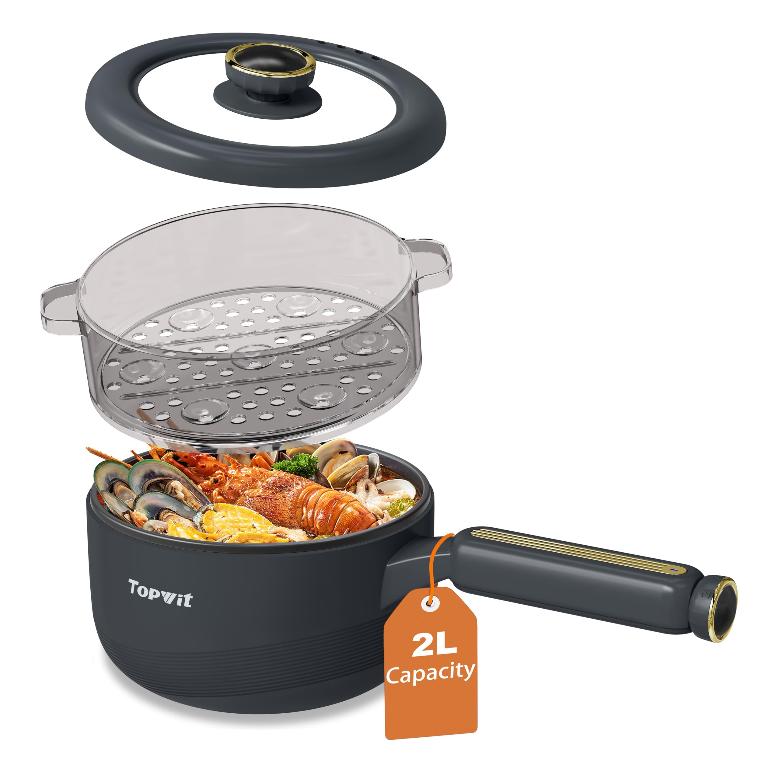 TOPWIT Hot Pot Electric with Steamer, 2L Multifunctional Electric Cooker, Non-Stick Sauté Pan, Portable Pot for Steak, Fried Rice, Ramen, Soup with Dual Power Control (Spatula Not Included), Grey