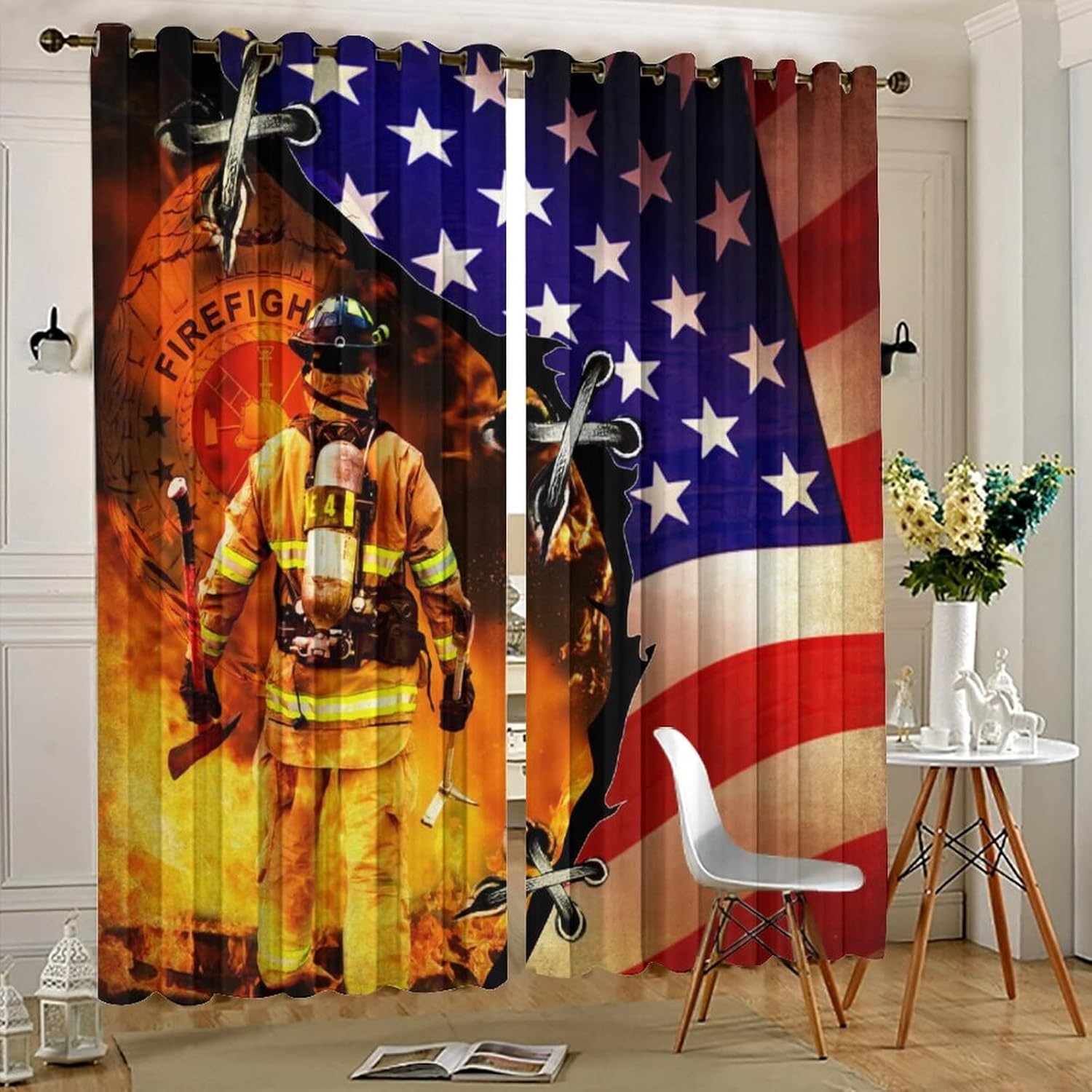 American Flag Firefighter Ultra Soft Premier Blackout Curtains,Cool Fireman US Flag PrintThermal Insulated Bedroom Noise Reducing Patio Door Grommet Top,2 Panels 54L x 21W