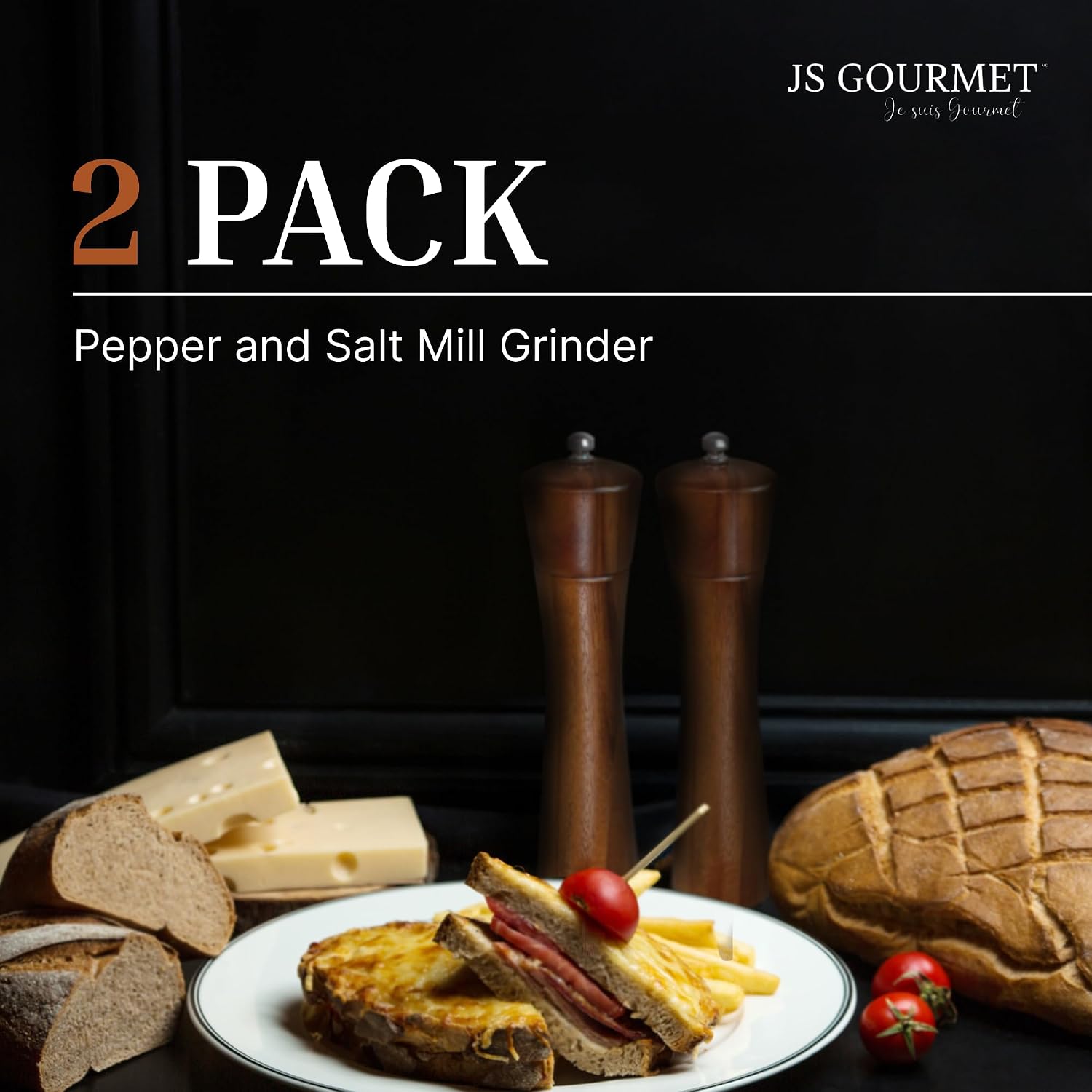 JS Gourmet Acacia Wood Pepper and Salt Mill Grinder Set with Adjustable Ceramic Mechanism for Fine, Medium and Coarse Grinding (2 Pack)
