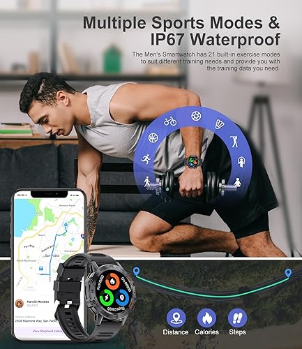 Miniatura 3 de Reloj inteligente militar para hombre (respondermarcar llamadas), 100 modos deportivos, reloj de fitness impermeable de 5 ATM con frecuencia