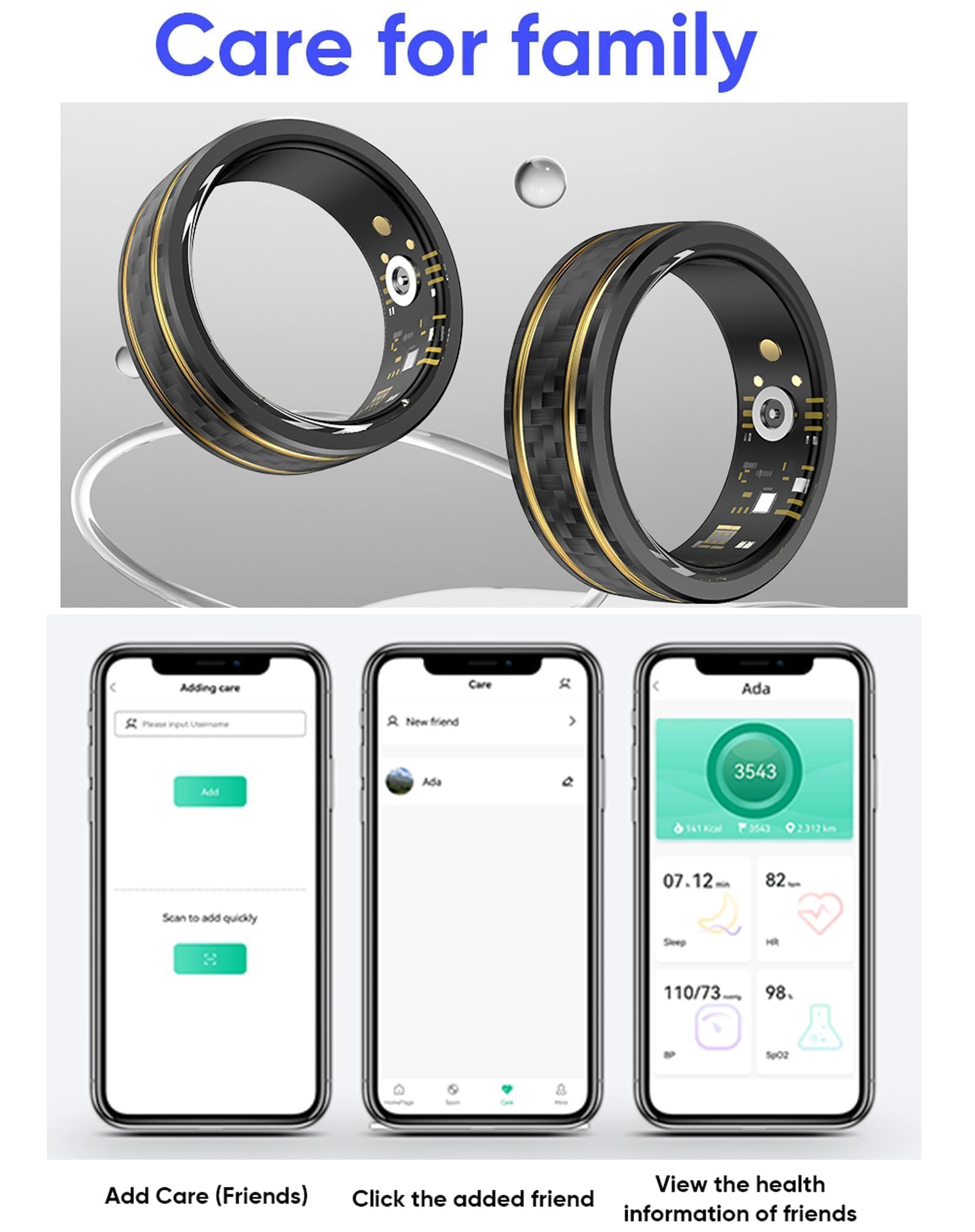 Bague intelligente moniteur de fréquence cardiaque, moniteur de pression artérielle, moniteur de sommeil, d'oxygène dans le sang, podomètre, compteur de pas, compteur de calories, bague de fitness