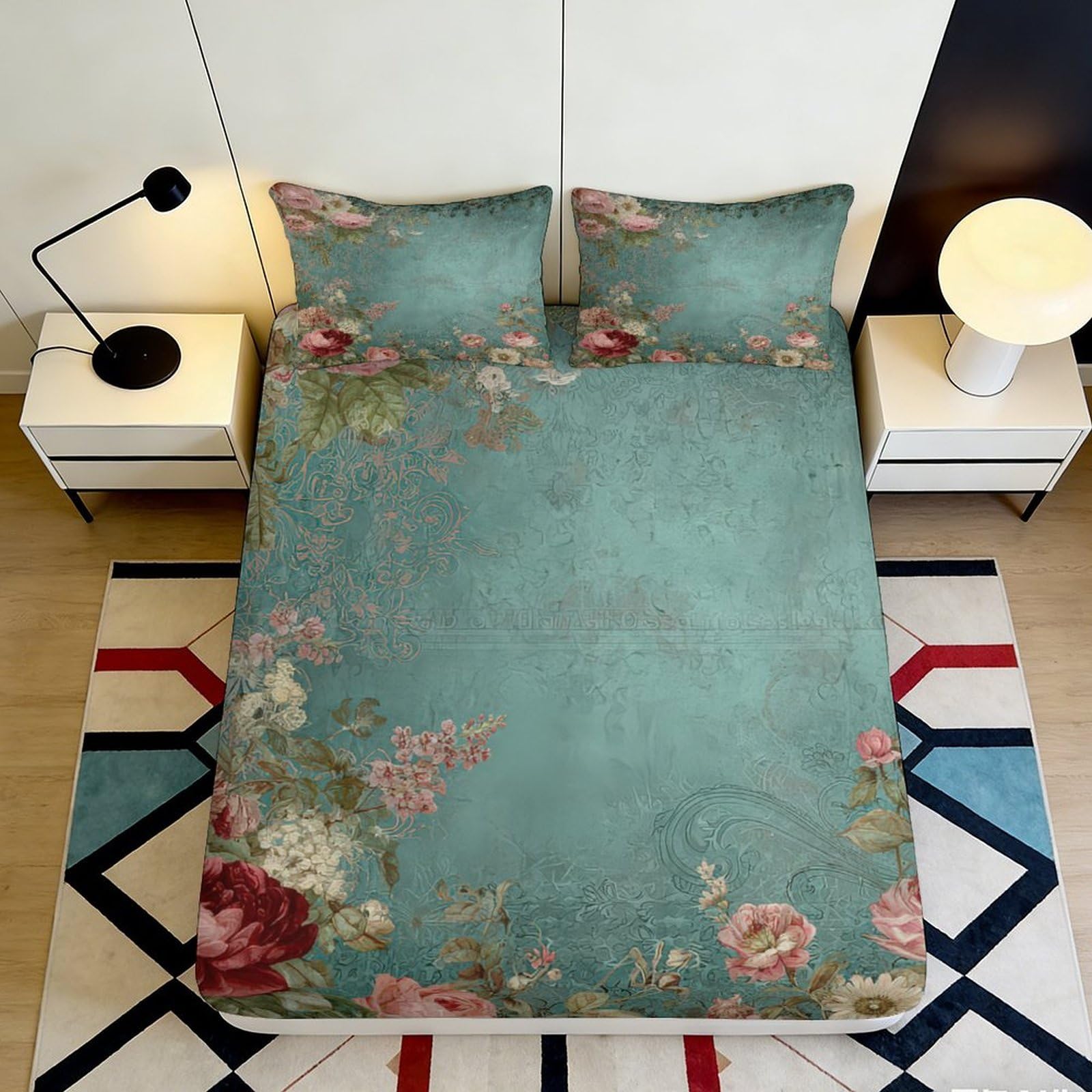3D Printed Vintage Floral Fitted Sheet Microfiber Teal Botanical Bed Cover Anti-Slip Easy Care for Bedroom Guestroom 200x200x25cm