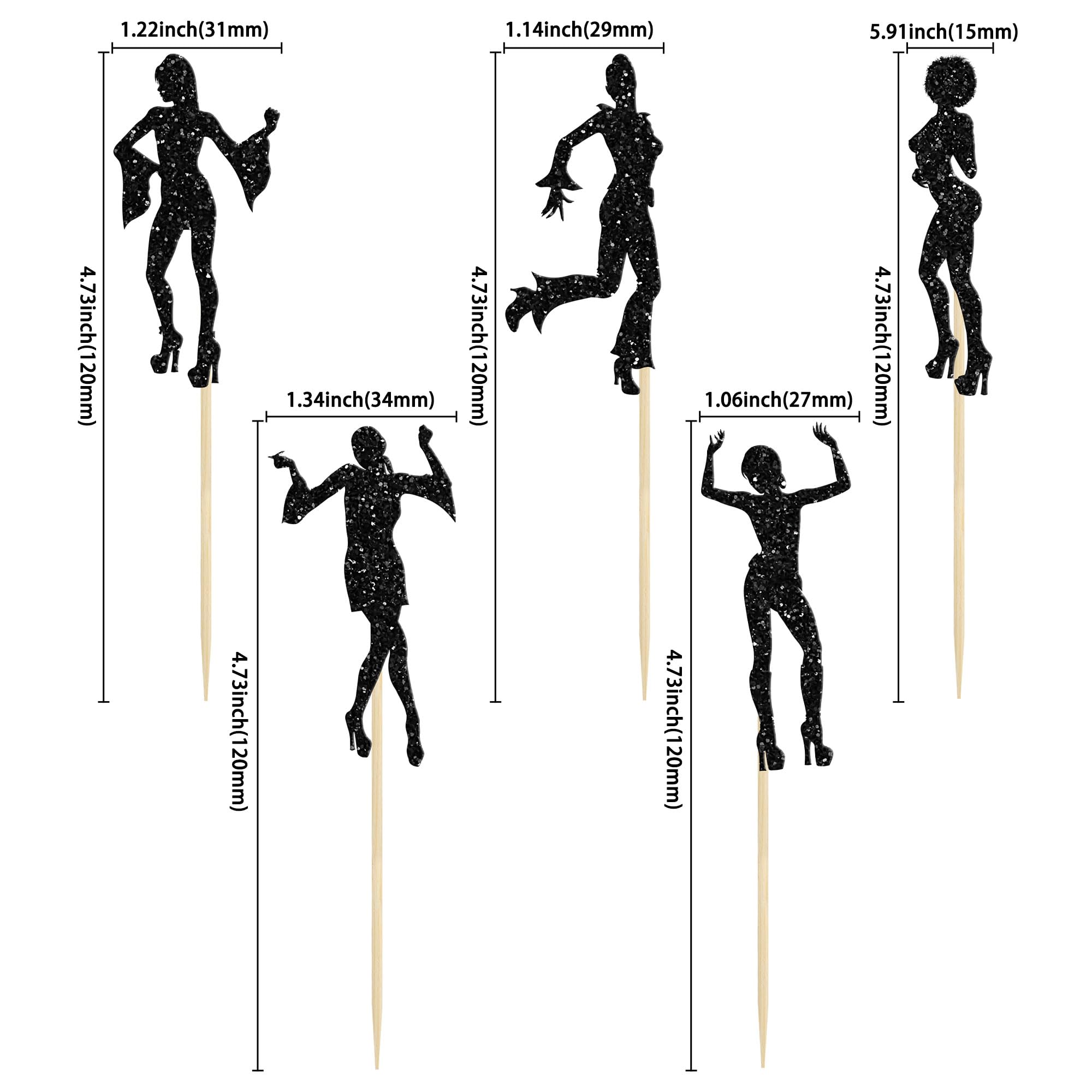 24Pcs 70's Disco Cupcake Toppers Black Glitter Dancing Picks 80's Dancer Cake Decorations for Music Theme Wedding Men Women Birthday Party Supplies