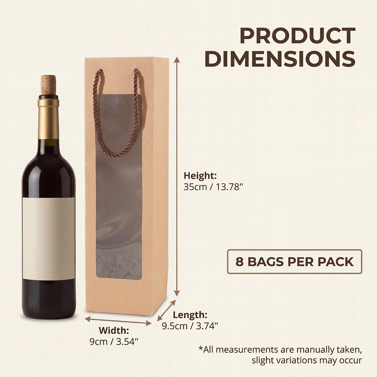 8PCS Wine Bottle Gift Bags Kraft Paper Bags with Handle Reusable with Clear Window for Birthday, Anniversary, Shopping, Christmas Party (3.7 x 3.5 x 14 inches) - 2