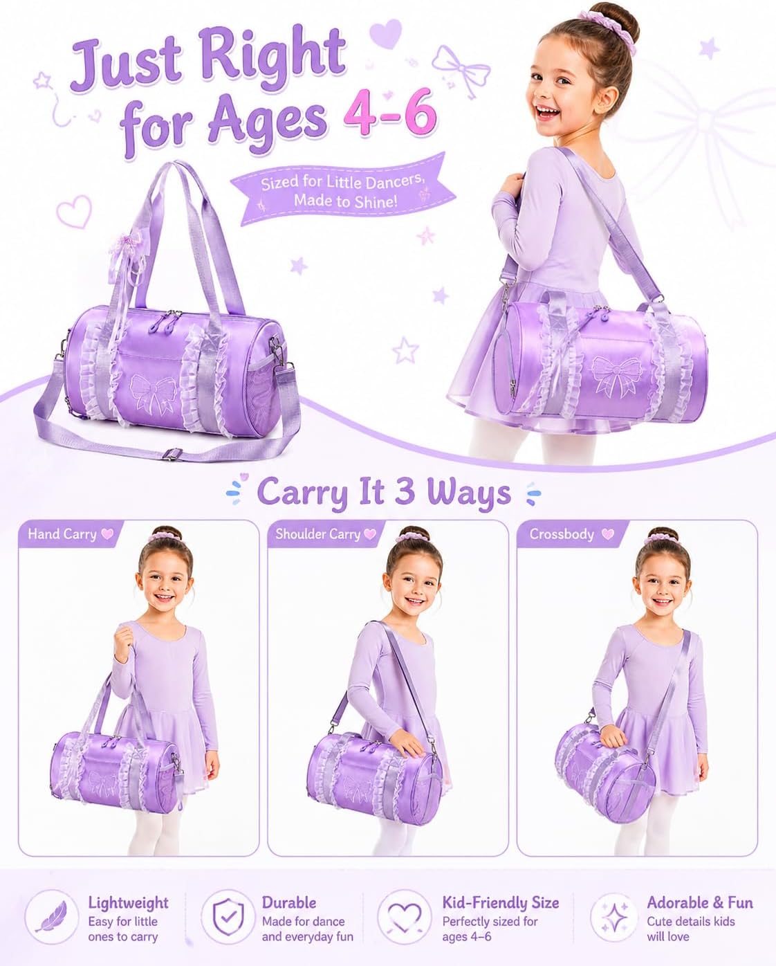 CAMTOP Girls Dance Duffle Bag with Shoe Compartment, Ballet Gymnastics Bag for Girls 4-6, Toddler Travel Overnight Sports Bag with Strap, Cute Ballerina Gift (Purple)