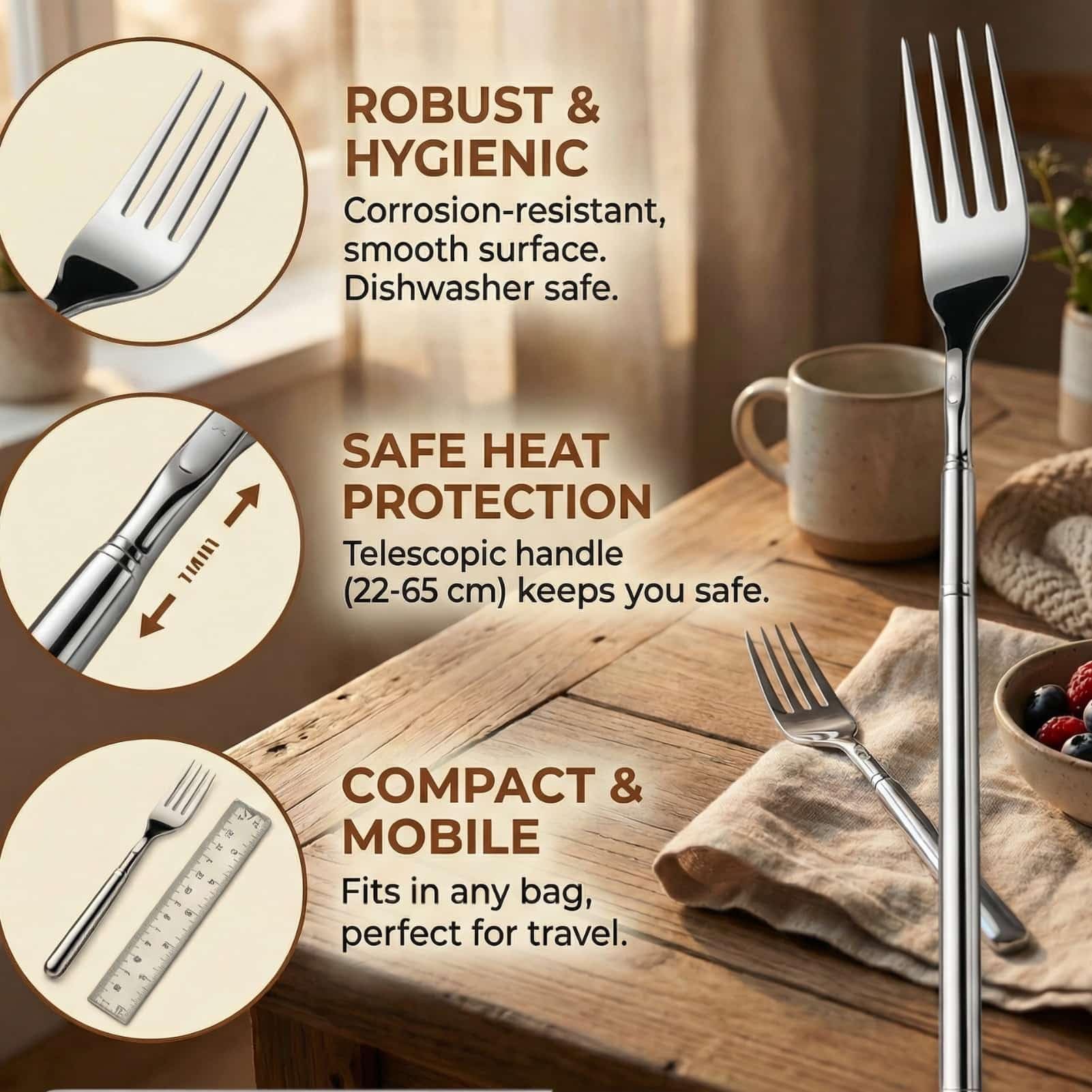 1 set di forchette allungabili in acciaio inox, regolabile da 22 a 65 cm, ideale per barbecue, barbecue e dessert