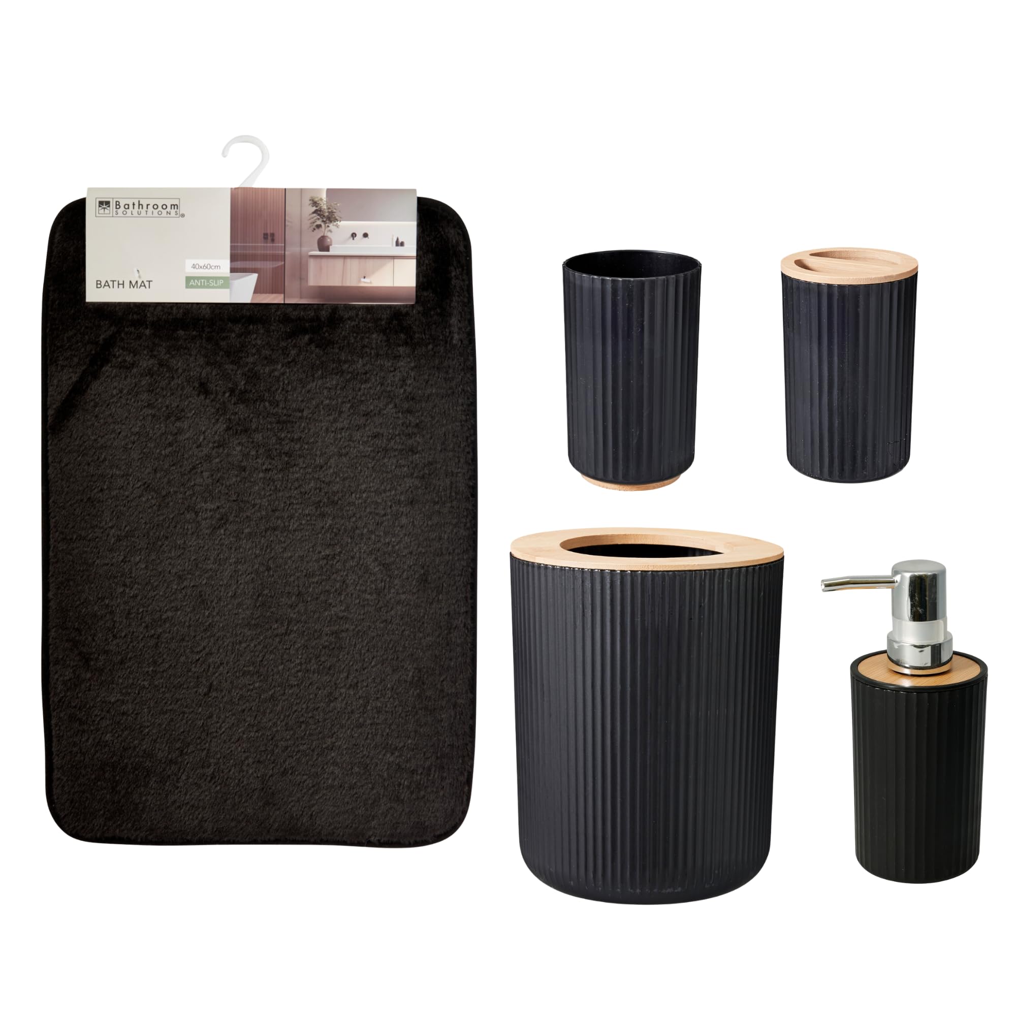 Envenzo 5 Piece Bathroom Accessories Set with Bath Mat, Waste Bin, Soap Dispenser, Toothbrush Holder and Tumbler, Bamboo Accents, Black
