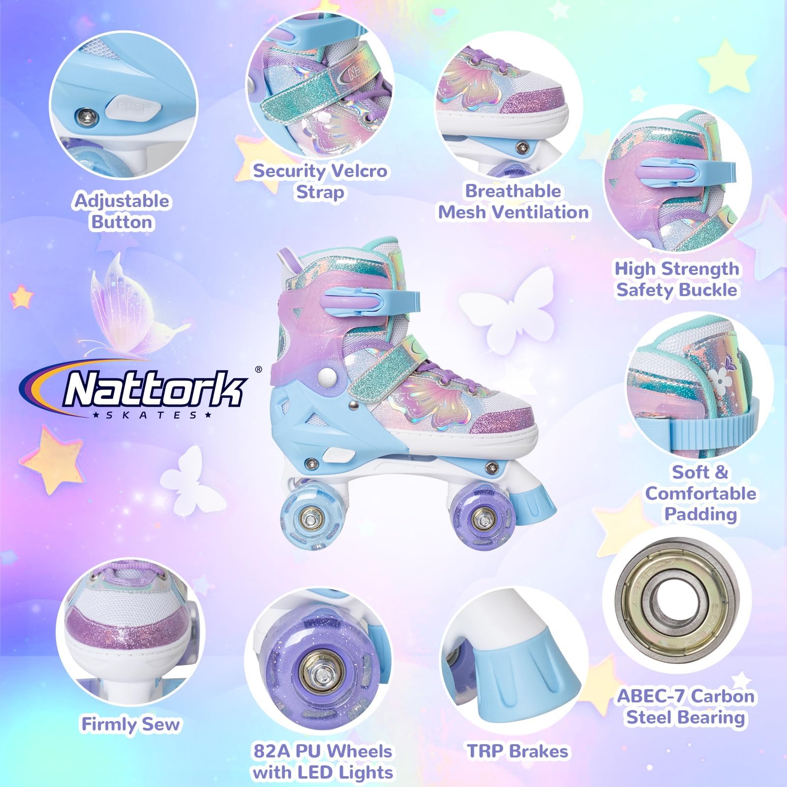 Nattork Patins à roulettes pour enfants - 4 tailles réglables - Avec motif papillon et fleur - Cadeau d'anniversaire pour les sports d'intérieur et d'extérieur