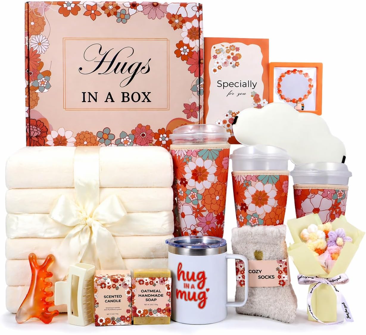15Pcs Get Well Soon Gifts for Women, Care Package with 12oz Tumbler, 3-Pack Coffee Sleeves, Blanket & Flower, Gift Basket for Surgery Recovery, Birthday, Sympathy