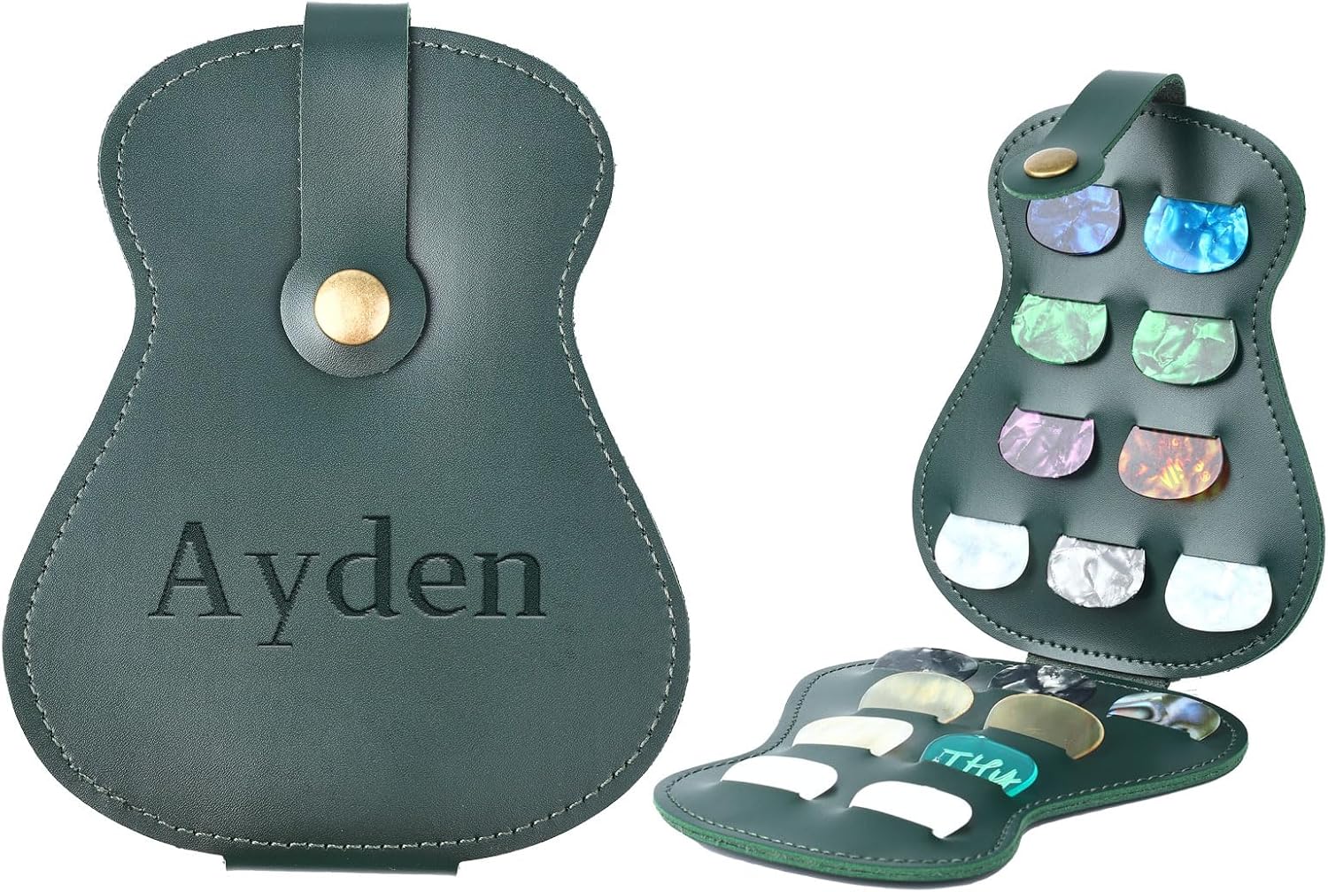 Custom Guitar Pick Holder Case, 18 Slots Guitar Pick Organizer with Personalized Name Engraving, Unique Guitar-Shaped Design for Music Lovers (Green)