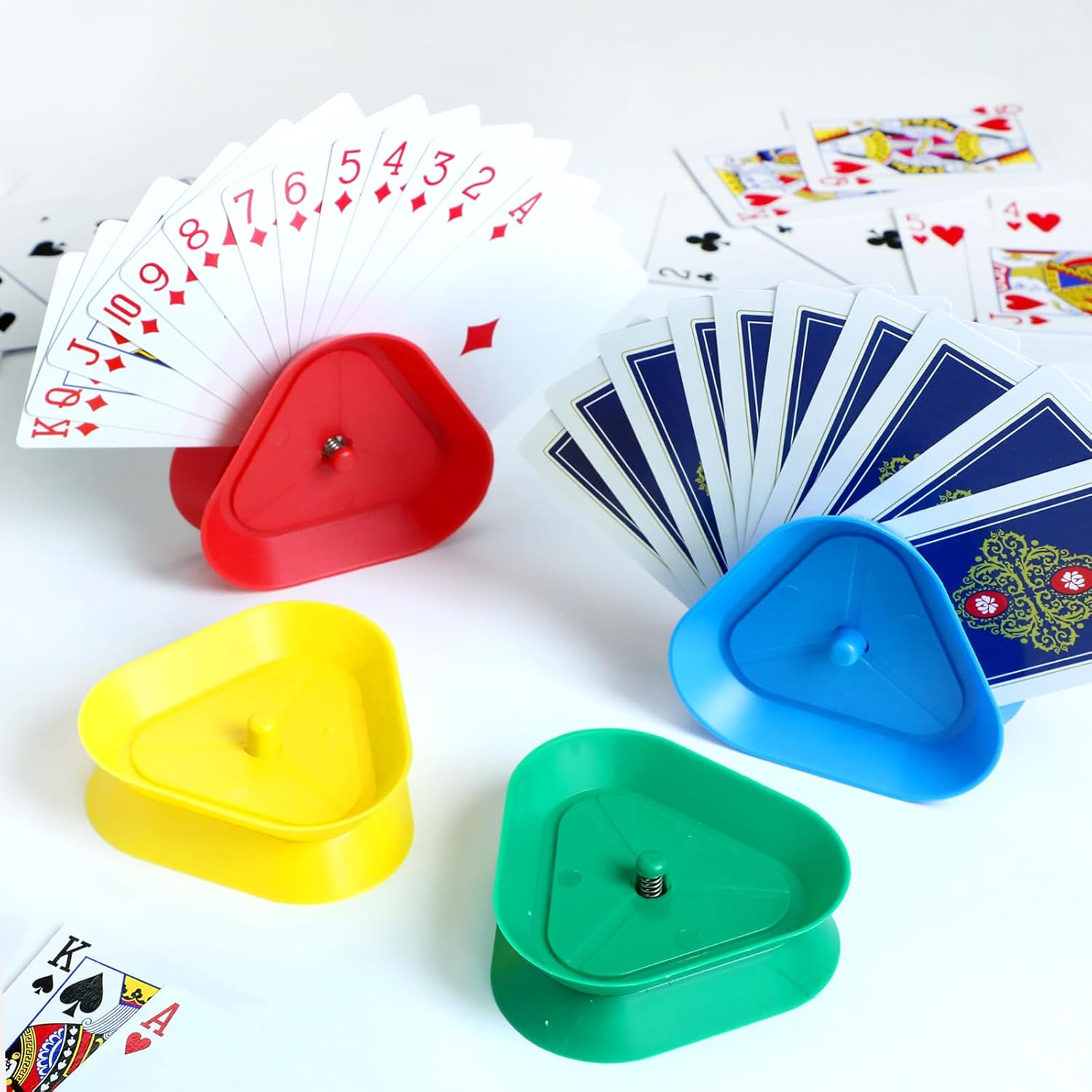 4 Pcs Triangle Shaped Hands Playing Card Game Holder, 4 Colors Hands Free Triangle Shaped Poker Tray for Groups Who Like to Play Cards Hands Card Stand Holder