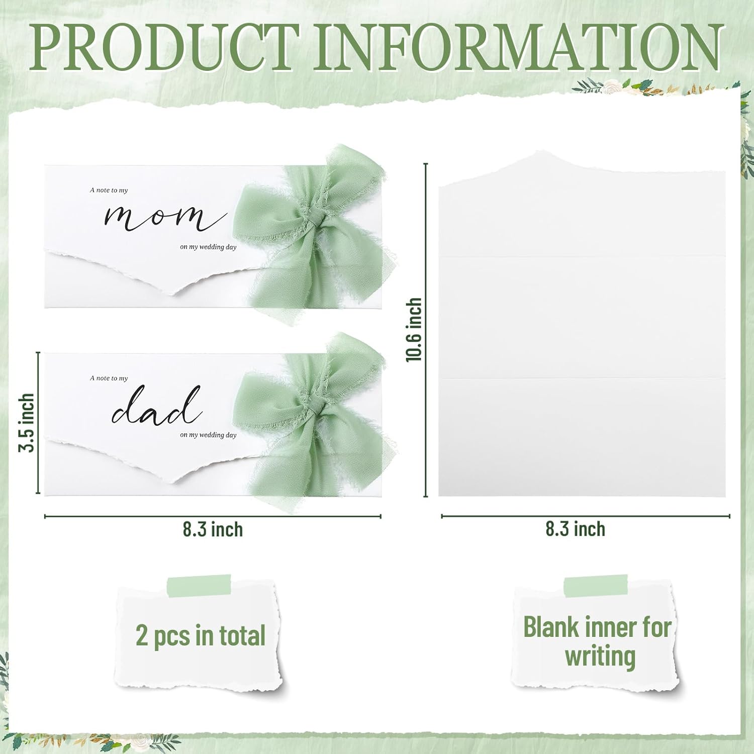 Set of 2 Wedding Day Cards to My Mom and Dad with Sage Green Chiffon Ribbon, a Note to My Mom and Dad on My Wedding Day - Image 2