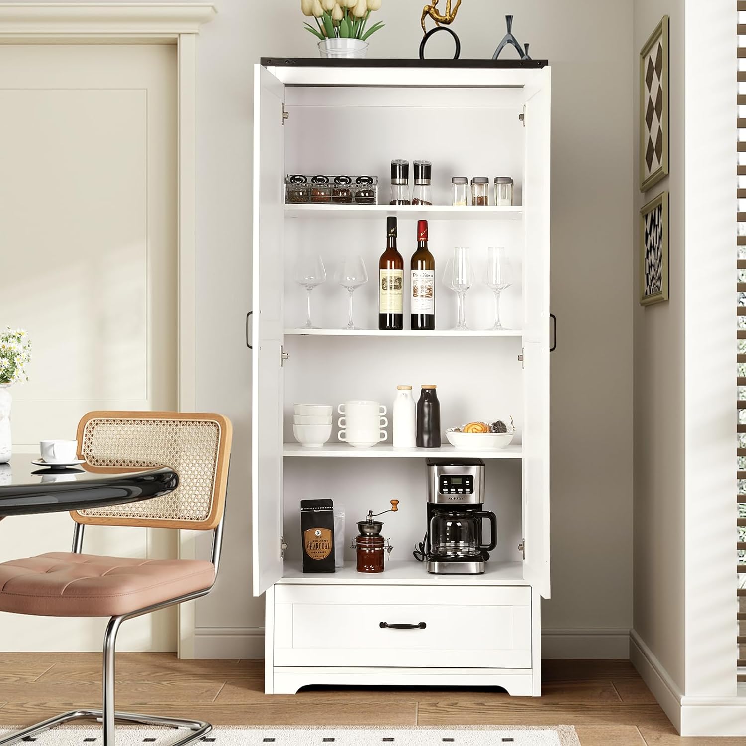 VOWNER 71" Tall Kitchen Pantry with Adjustable Shelves, Large Wood Storage Cabinet with Drawer & 2 Barn Doors, Versatile Modern Farmhouse Storage Cabinet for Kitchen, Dining Room, Living Room, White