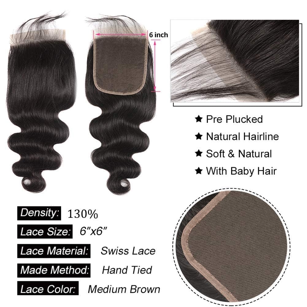 6X6 Lace Closure Body Wave Ultra-Thin Invisible Lace Closure with Single Knot Natural Color 12A Grade Brazilian Virgin Human Hair Pre-Plucked with Baby Hair 10 inch - Image 4