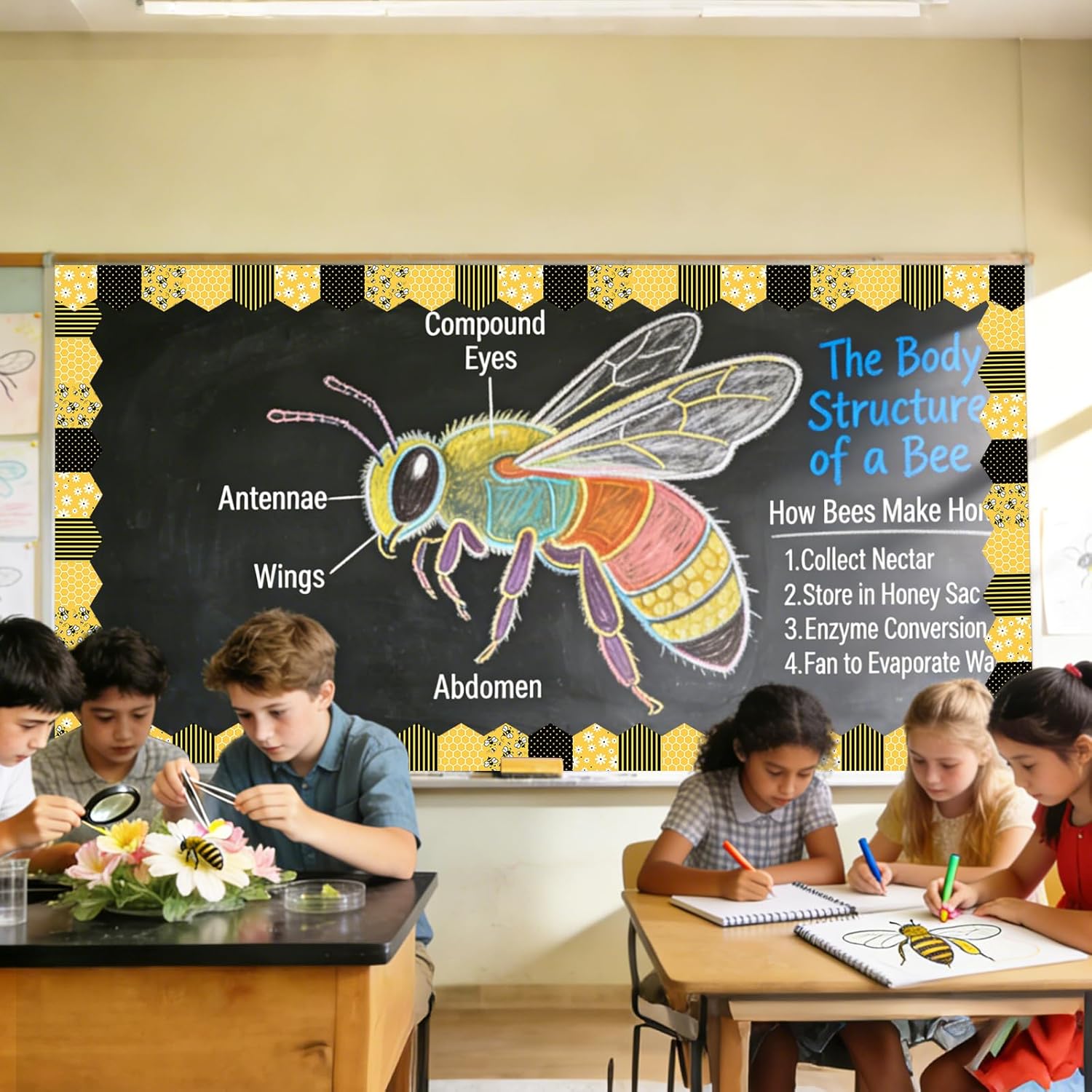 FYSUIMU 32.8Ft Summer Bee Bulletin Board Border Bee Daisy Honeycomb Stripes Polka Dots Die Cut Trim Border Roll for Back to School Chalkboard Wall Decor