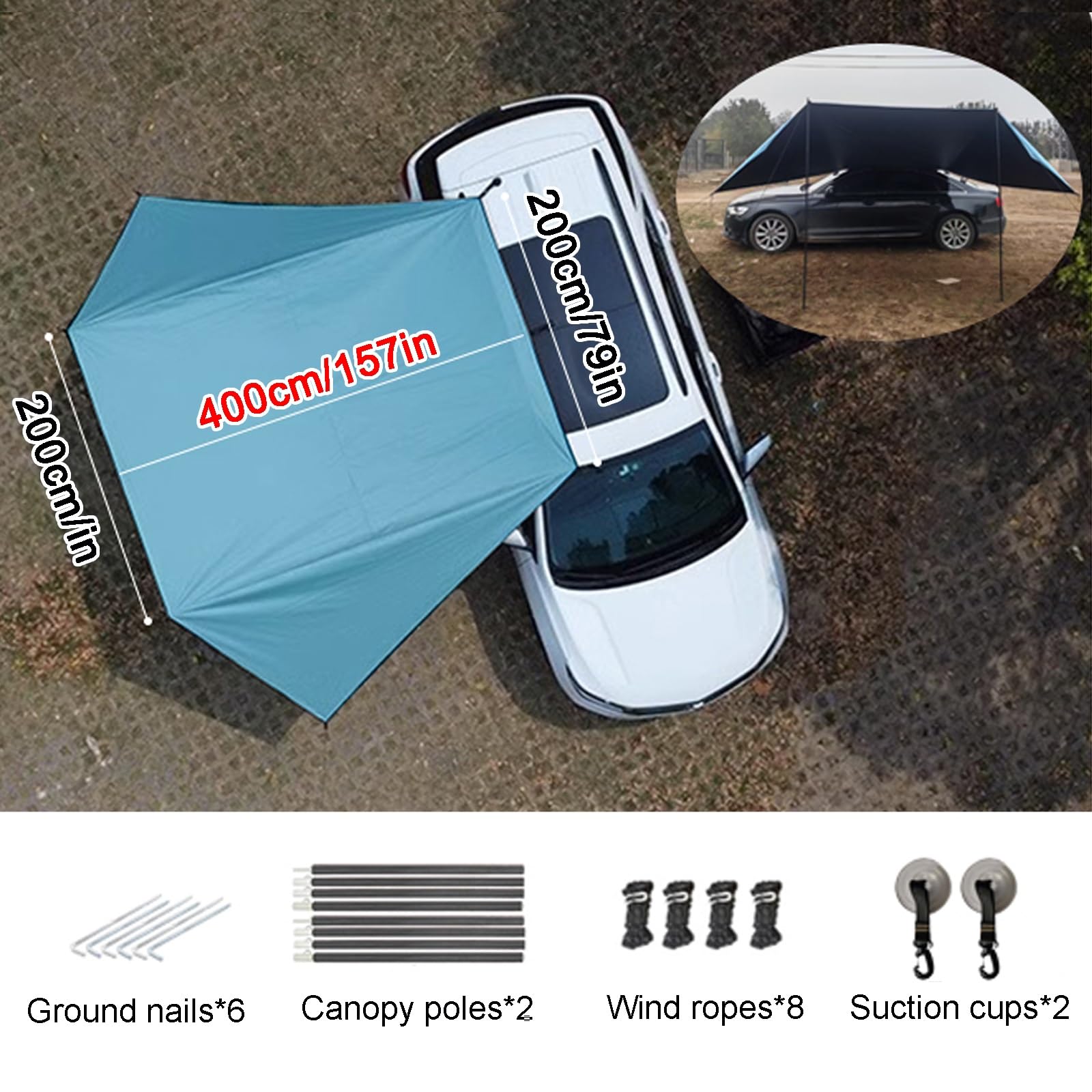 Versatile Tendalino Auto, Tenda da Camper con Palo, Tendalino Camper Universale Impermeabile in Tessuto Oxford Anti-UV(400cm/157in)