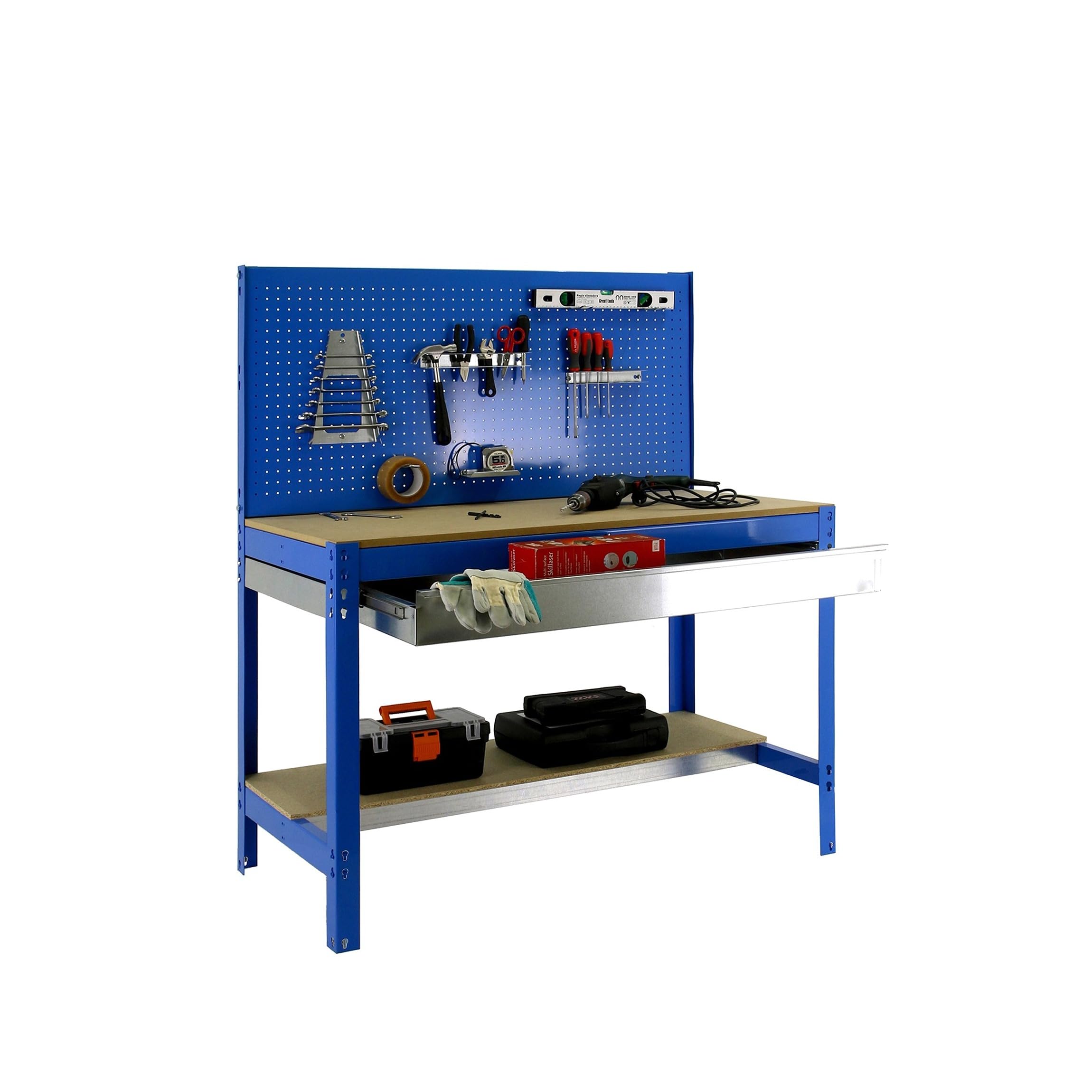 Simon Rack Banco da lavoro per officina, capacità di carico 600 kg, 1445x1210x610 mm, Pannello Forato, Tavolo da lavoro fai da te, Blu/Legno - BT2