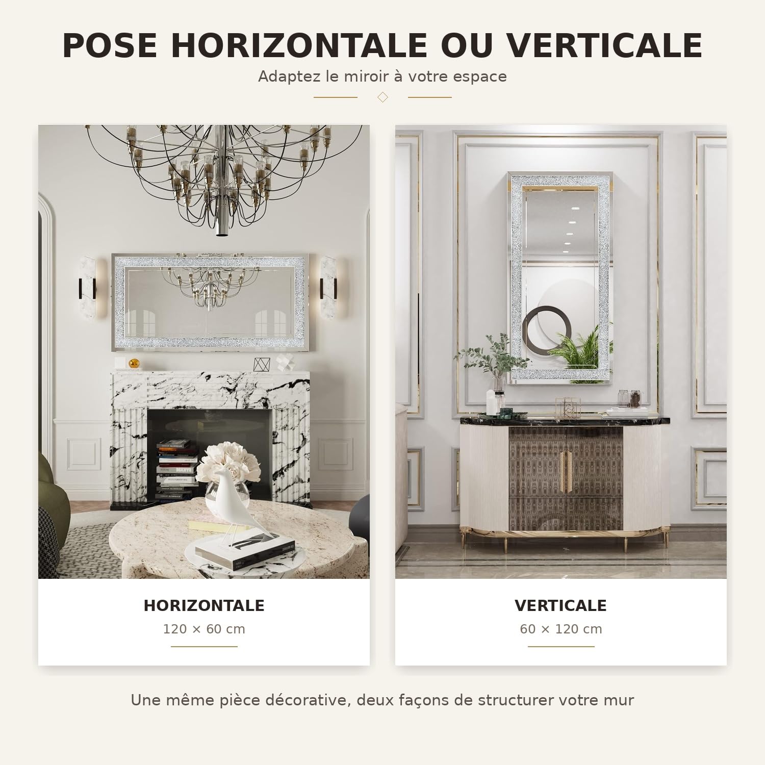 Grand Miroir Mural Salon Rectangulaire 120x60cm Déco Diamant Verre Biseauté