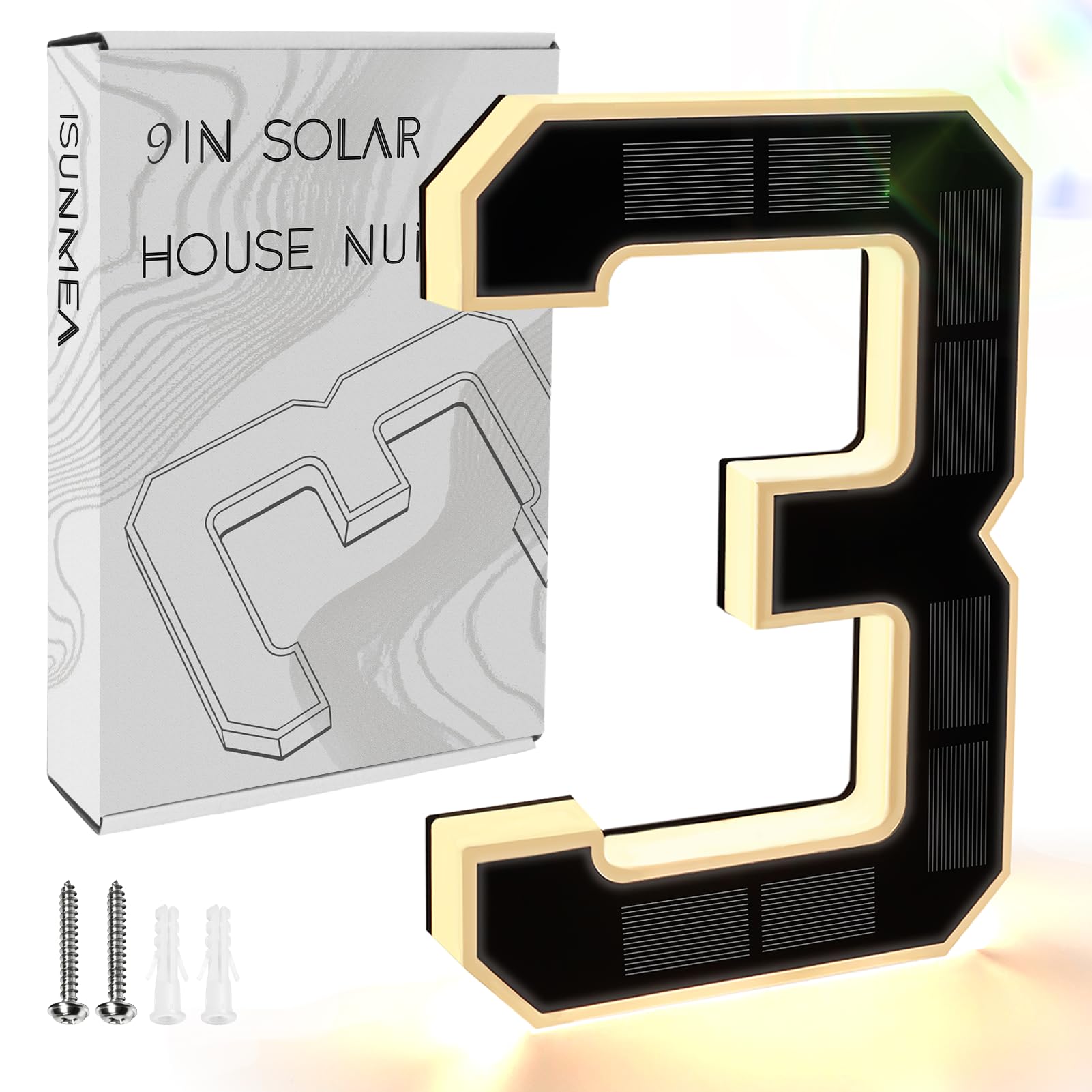 Photo 1 of ***USED*** ISUNMEA 9 Inch Solar Lighted House Numbers for Outside, Light Up Waterproof LED Address Numbers Signs for Houses, Large Personalized Illuminated Exterior Modern House Numbers Light (3-Black, 9IN)