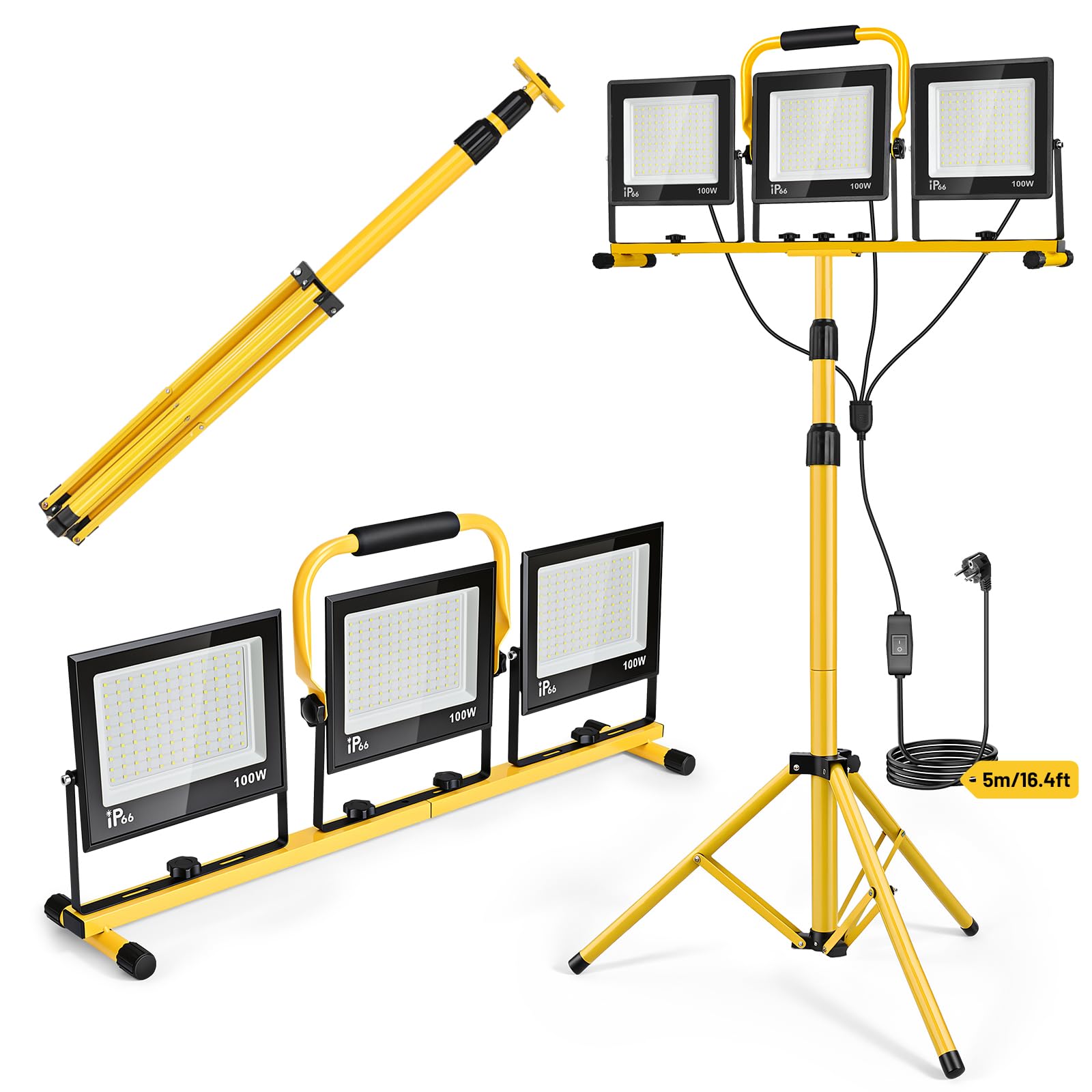 Yofuly 3x 100W LED Baustrahler mit Stativ, 23.000 LM LED Strahler Baustellenlampe, 160cm Höhenverstellbar, IP66 Wasserdicht, 5 M Kabel, LED Flutlicht für Baustelle, Werkstatt, Garage