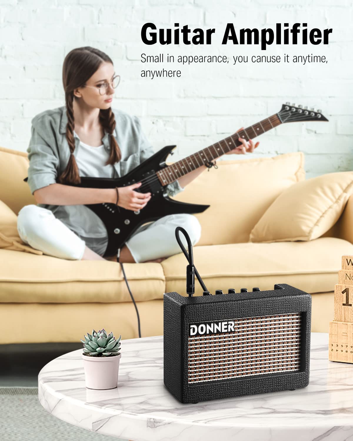 Donner Mini amplificatore per chitarra elettrica in legno, 3 W, piccolo amplificatore per chitarra M-3, altoparlante portatile e compatto
