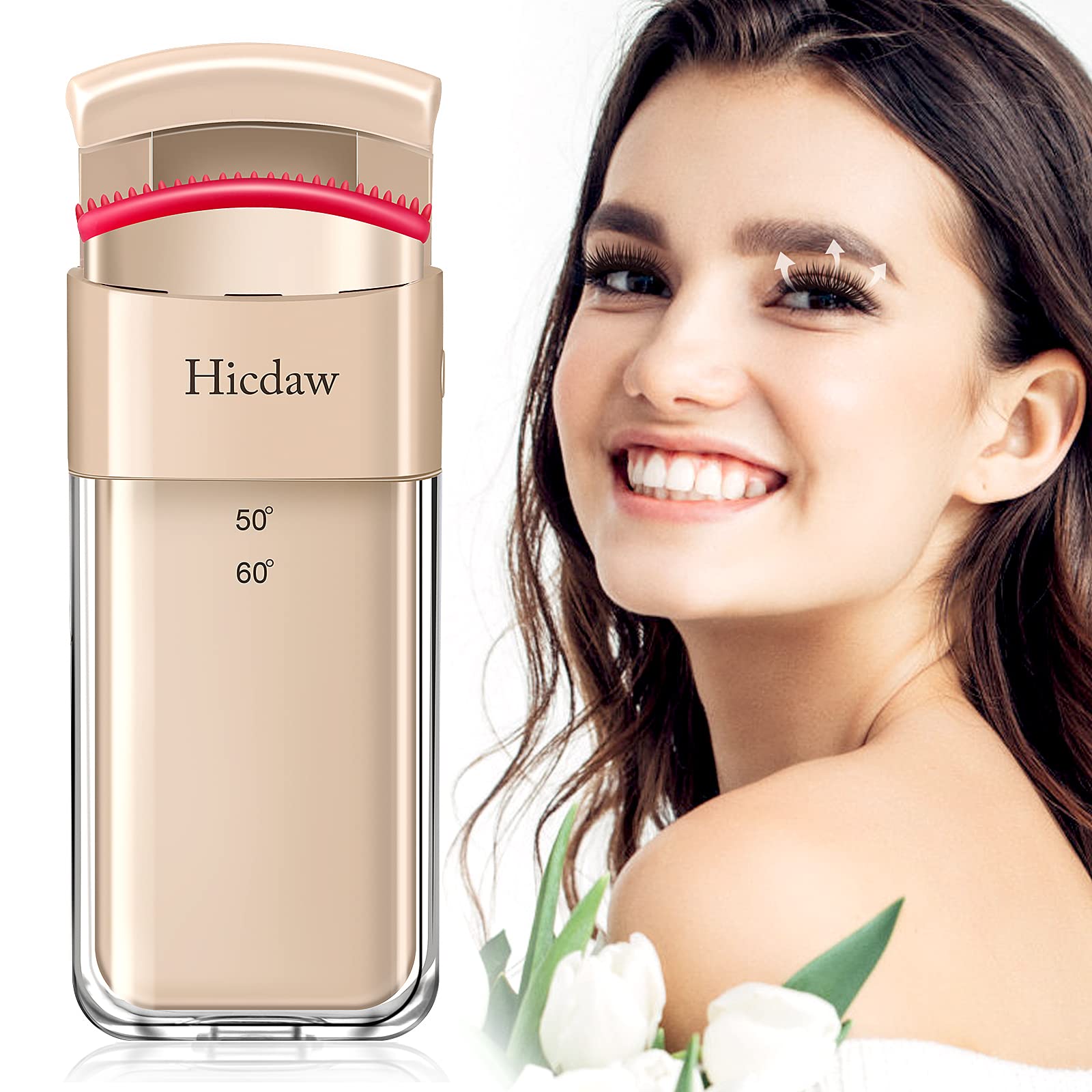 Hicdaw Heated Eyelash Curler Electric Eye Lash Curlers with Built-in Curved Comb Silicone Pad 2 Heating Modes Quick Natural Curling Long Lasting