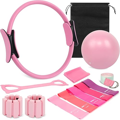Home Pilates Essentials Kit para mujer, juego completo de anillo y pelota de equipo de pilates 13 en 1 con 5 bandas de resistencia TPE, pesas de