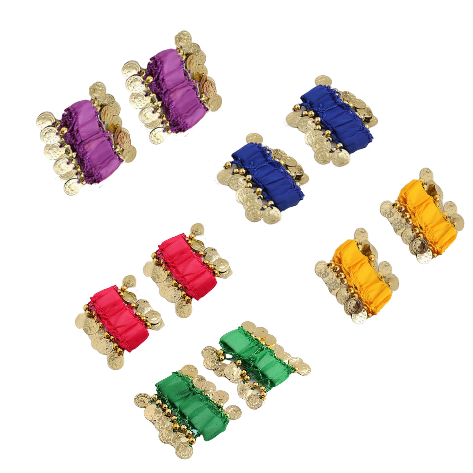 5 Paia Di Bracciali Con Monete Per Danza Del Ventre – Polsini Elastici In Chiffon Colorati (Viola, Blu, Rosso, Verde, Giallo) - 3