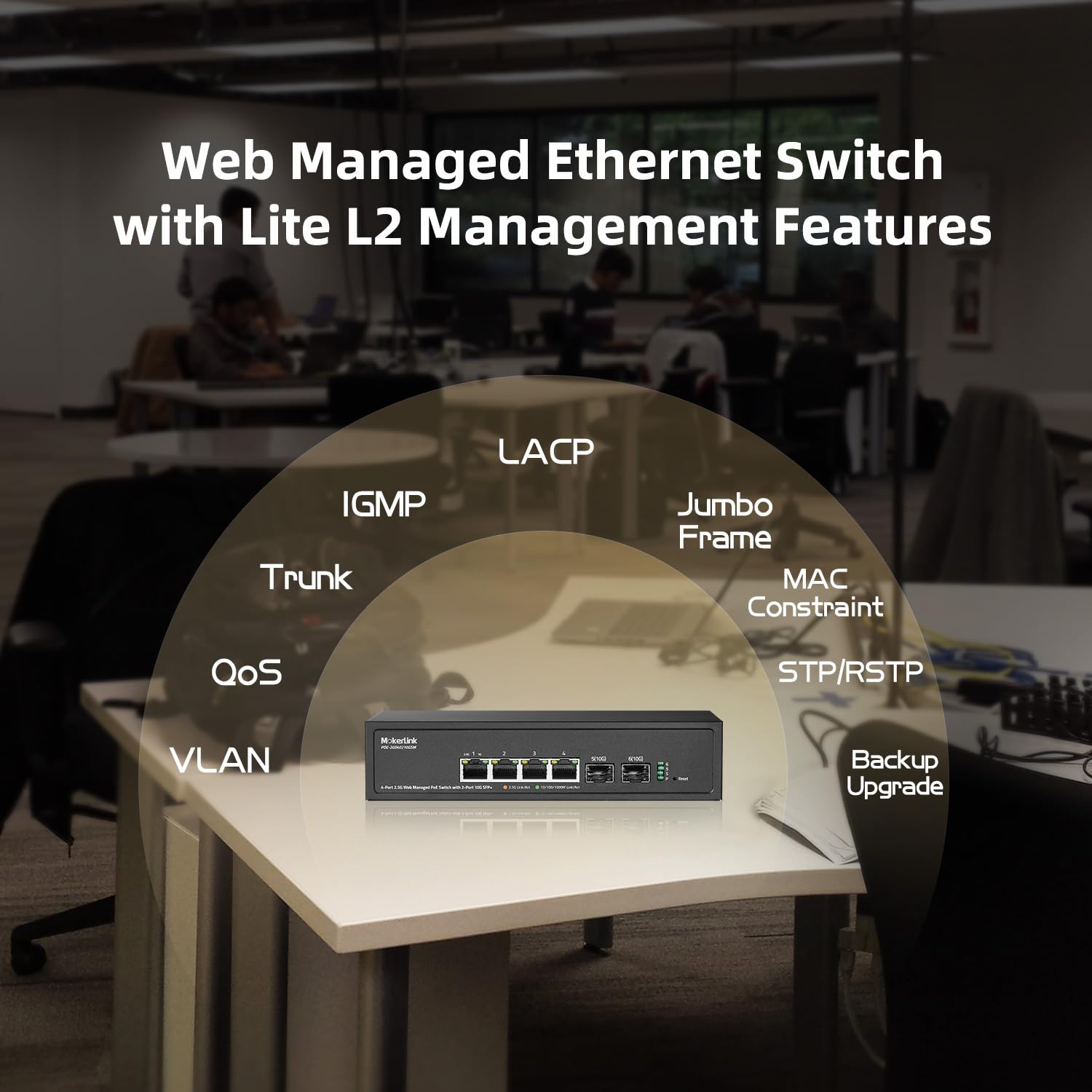 MokerLink Switch gestito PoE a 4 porte 2,5G con 2 porte slot 10G SFP+, IEEE8023af/at PoE 78W, dimensioni mini in metallo senza ventola, Easy Web Managed Network Switch