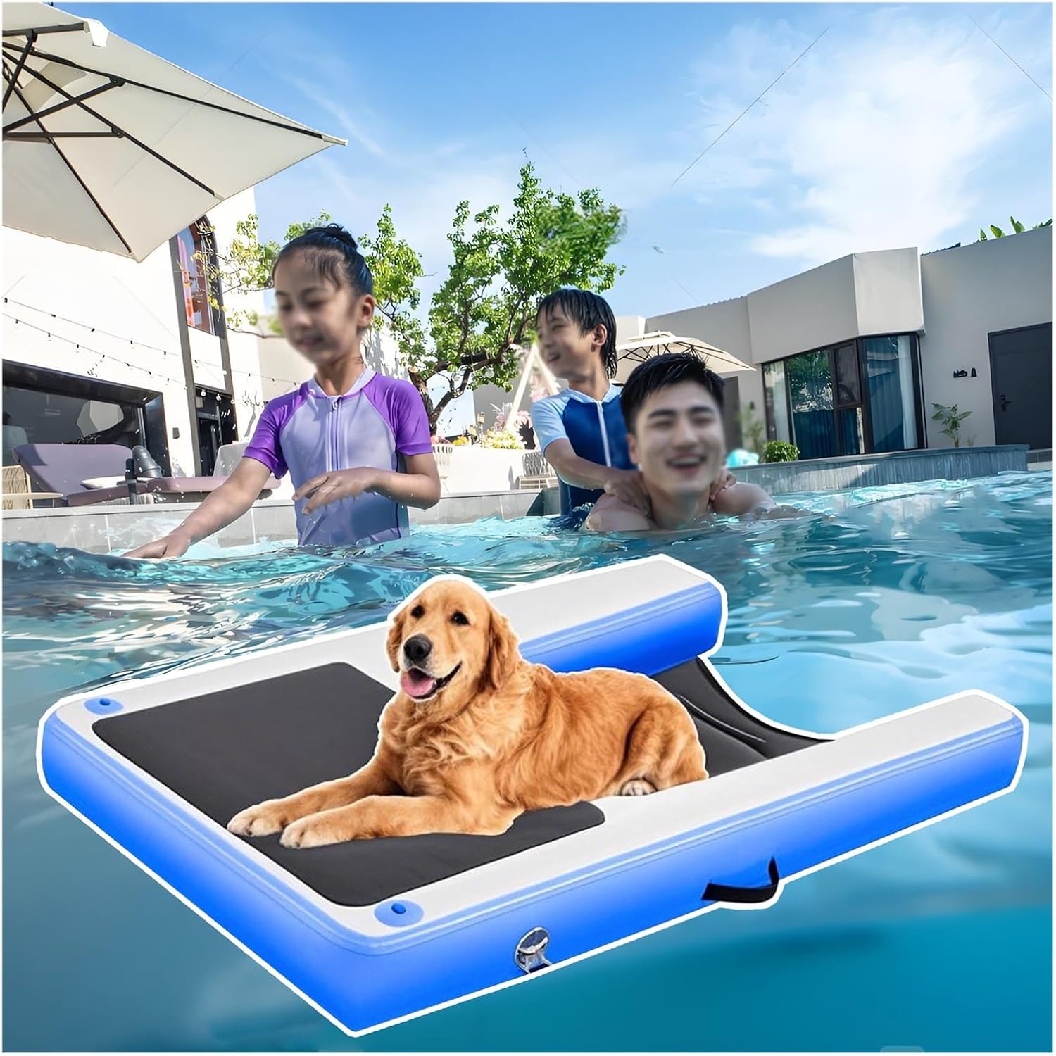 Inflatable Dog Dock Floating Platform, Portable & Reusable Dog Ramp for Above Ground Swimming Pool, Foldable Dog Floating Ladder Load 105kg, Black Blue Green Red Yellow(Blue)