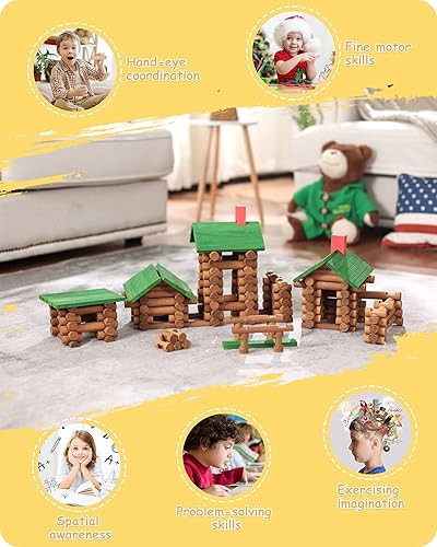 Miniatura 4 de SainSmart Jr. Juego de 300 piezas de cabaña de madera para construir casa de juguete para niños pequeños, kit de construcción STEM clásico