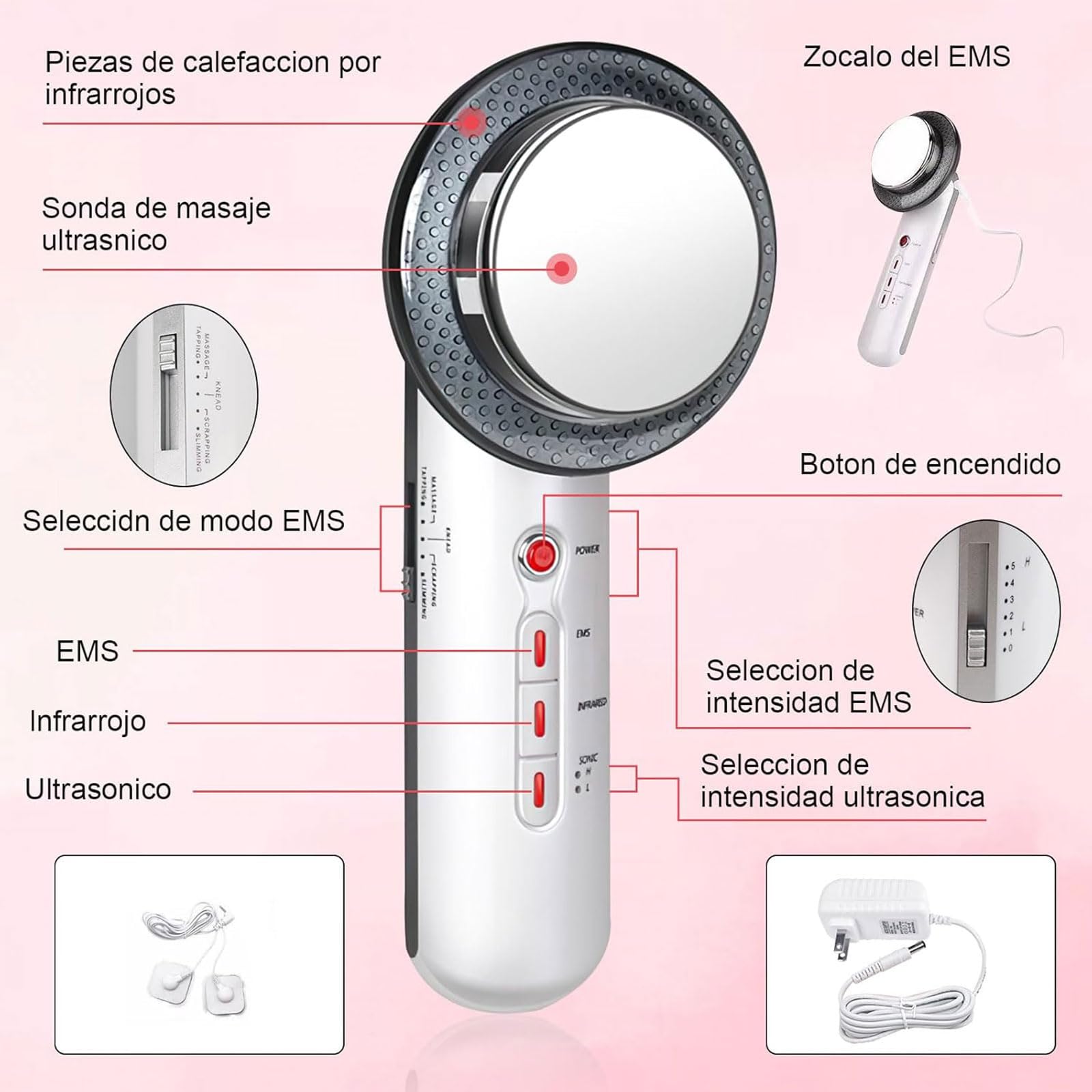 Masajeador Multifuncional, Masajeador Ultrasónico 3 En 1 Terapia Luz Infrarroja EMS Máquina Terapia Ultrasónica Dispositivo Eléctrico para Rostro, Brazos, Cuello, Pies y Cuerpo,A
