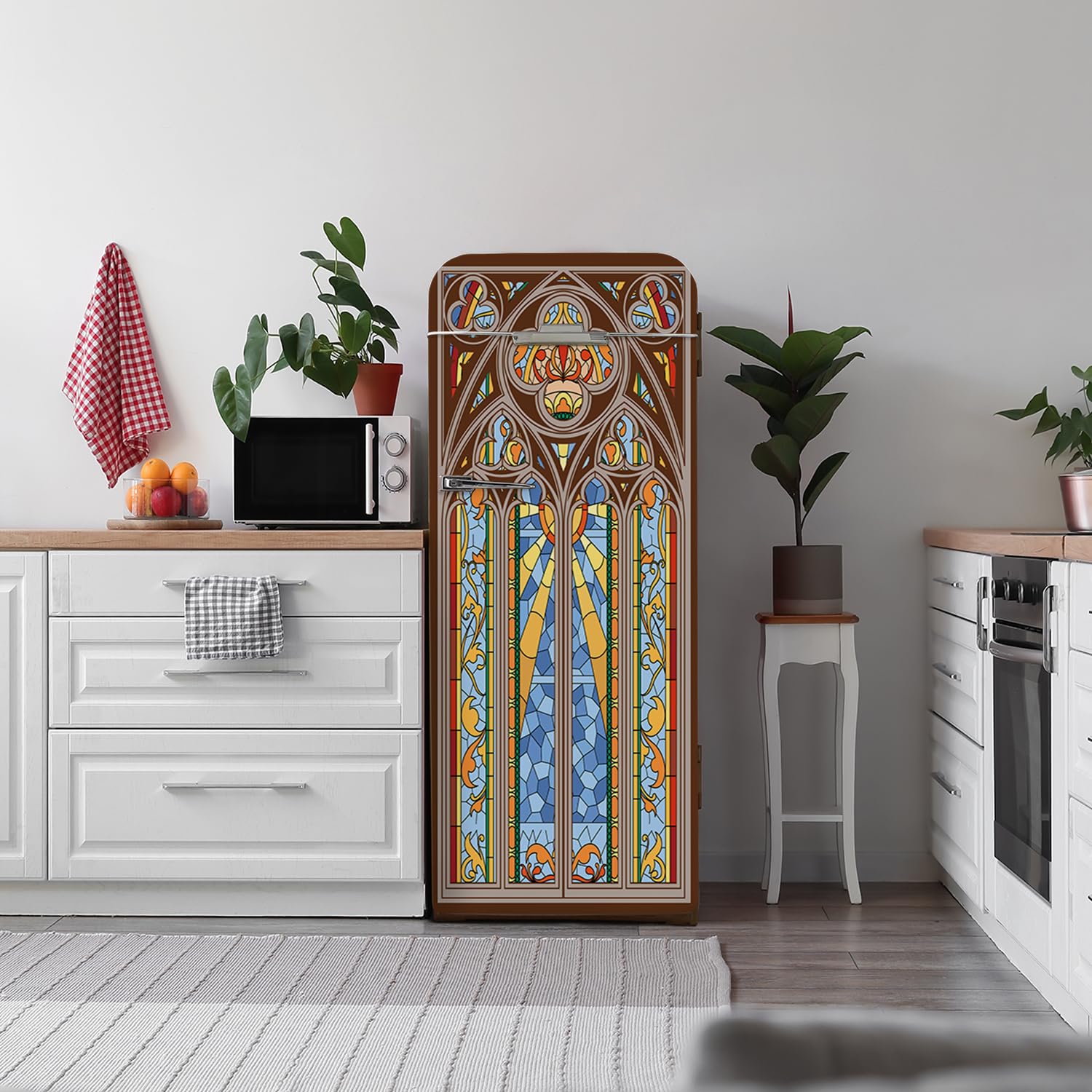 Alwayspon 56x163cm Church Window Self-Adhesive Vinyl Fridge Wrap, Peel and Stick Fridge Stickers Covers Skins, Removable Refrigerator Mural Decal for Kitchen Home Decor