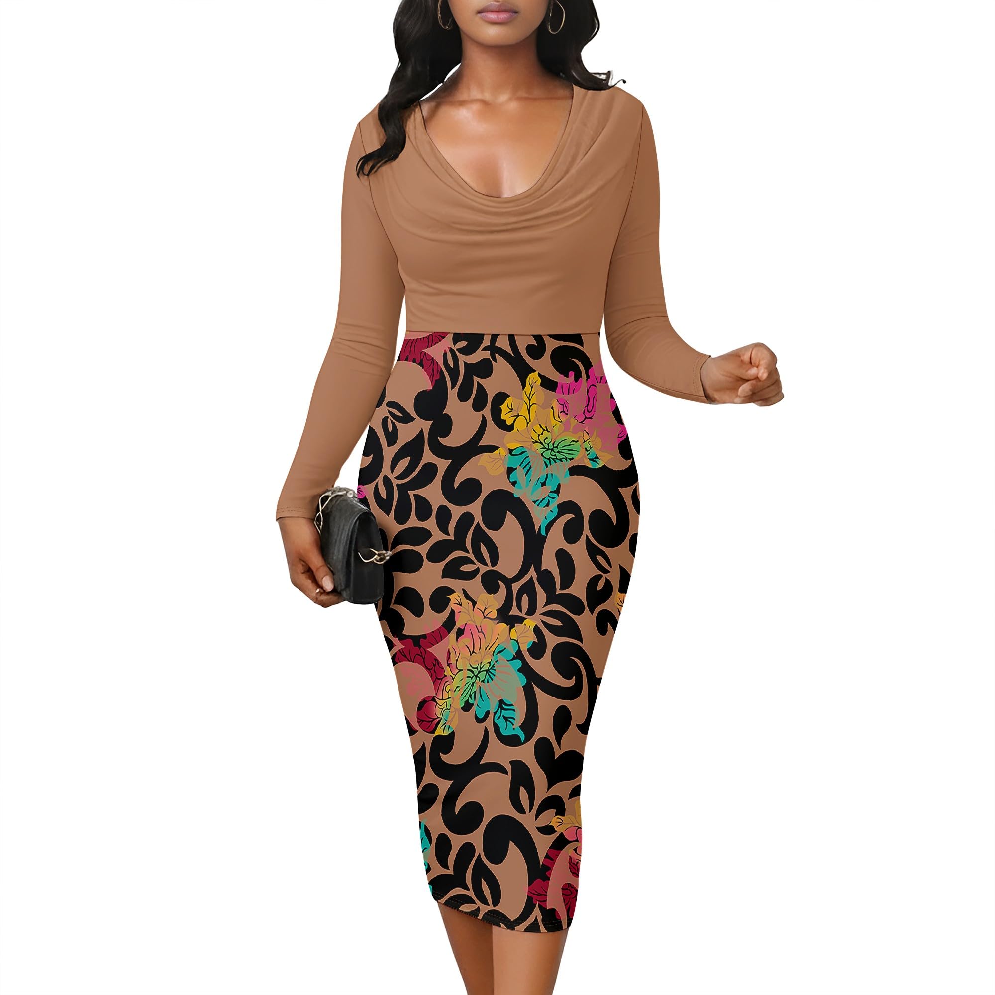 Womens Plus Size Midi Dresses Church Dresses Long Sleeve Bodycon Cowl Neck Pencil Dress