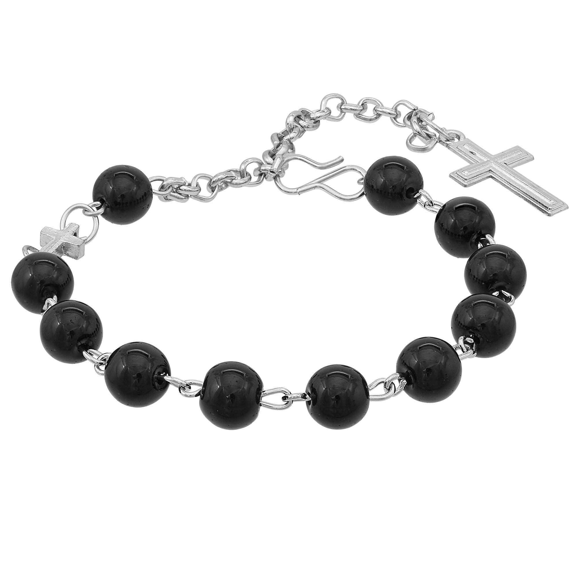 Stainless Steel Catholic Black Beaded Mother holy cross Christian rosary Bracelet jewellery Men Women Boys Girls