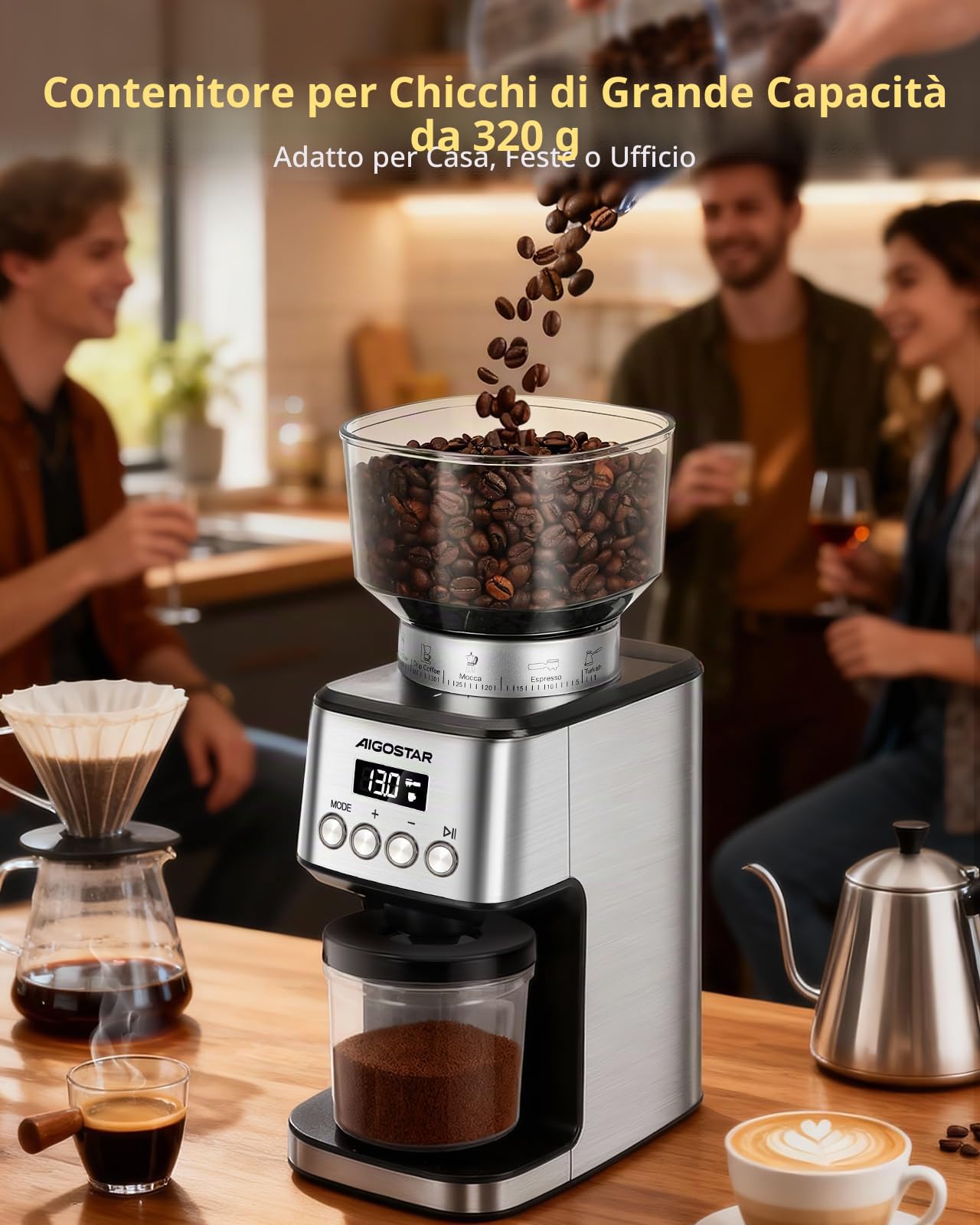 Aigostar Macina Caffe' Elettrico a Cono, 52 Impostazioni di Macinatura, Macinacaffè Elettrico per Caffè Espresso, Macina Caffè Professionale con Display Digitale Preciso, Acciaio Inossidabile, Argento
