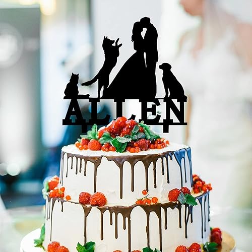 Miniatura 6 de Decoración para tartas de pareja con mascotas, dos perros y un gato, 5.9 pulgadas, acrílico, personalizable, fecha y nombre, novia y novio, tenedor