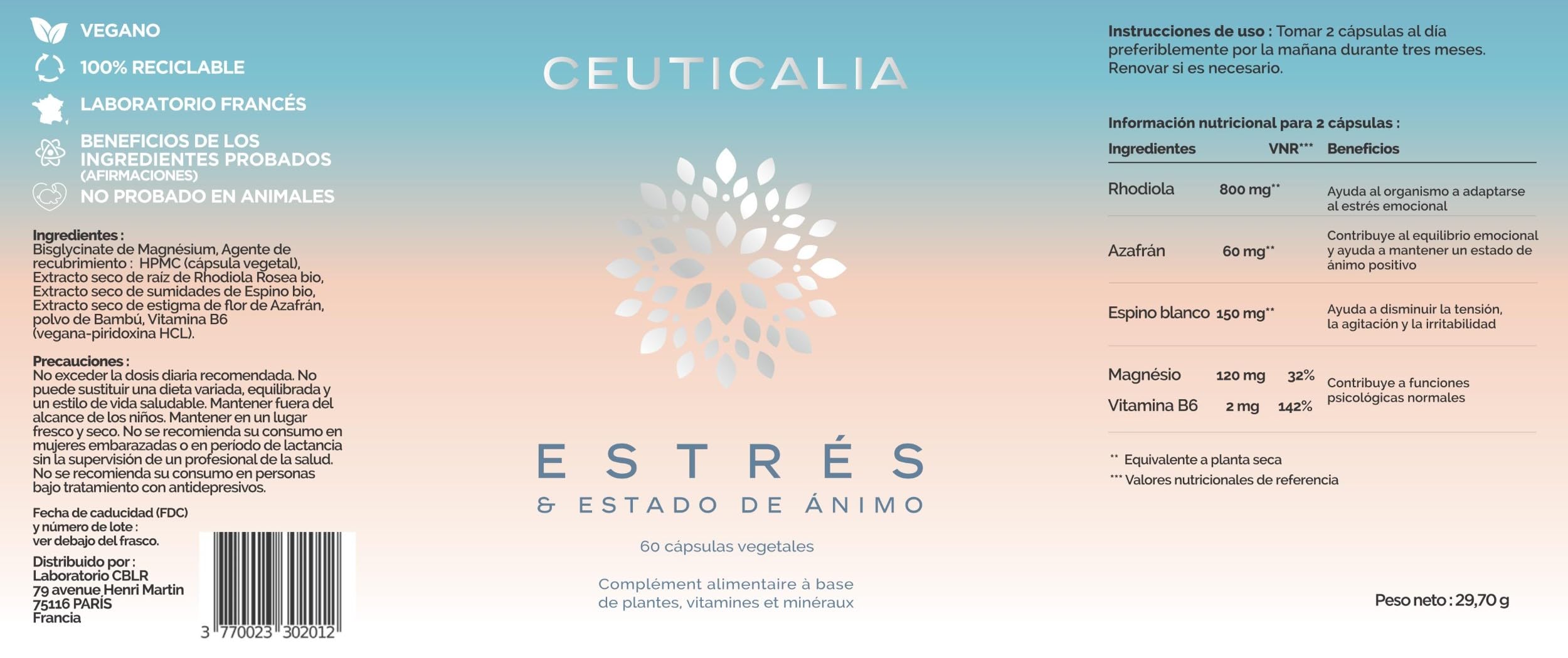 Complemento Alimenticio Antiestrés y Buen Humor - Estrés, Ansiedad, Bienestar, Relajante - Para Adultos - Magnesio, Vitamina B6, Azafrán, Rodiola, Espino Blanco - 180 Cápsulas, 90 Días