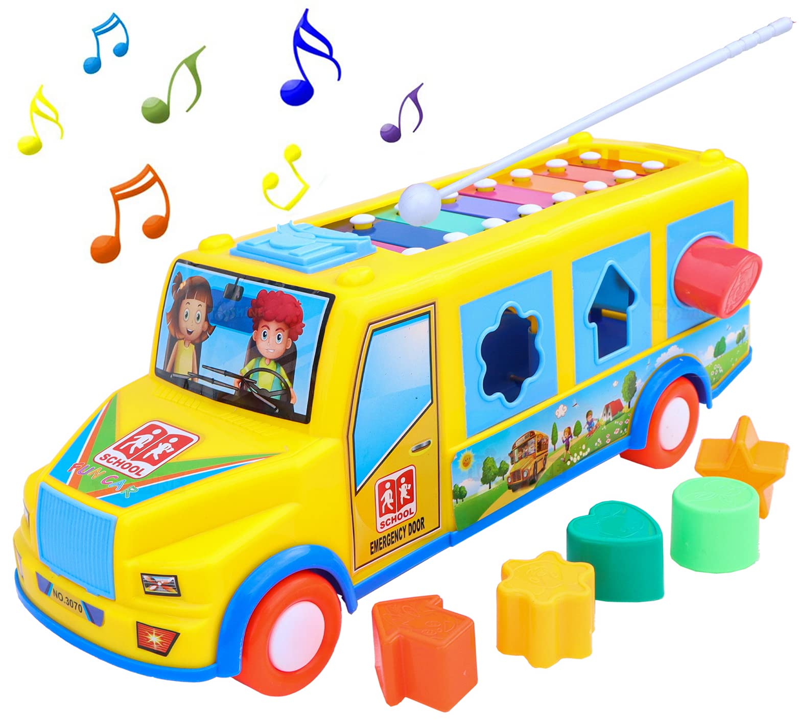 Toyshine Yellow Xylophone Bus Activity Toy Vehicle with Shapes, Music, and Sounds, and Lights