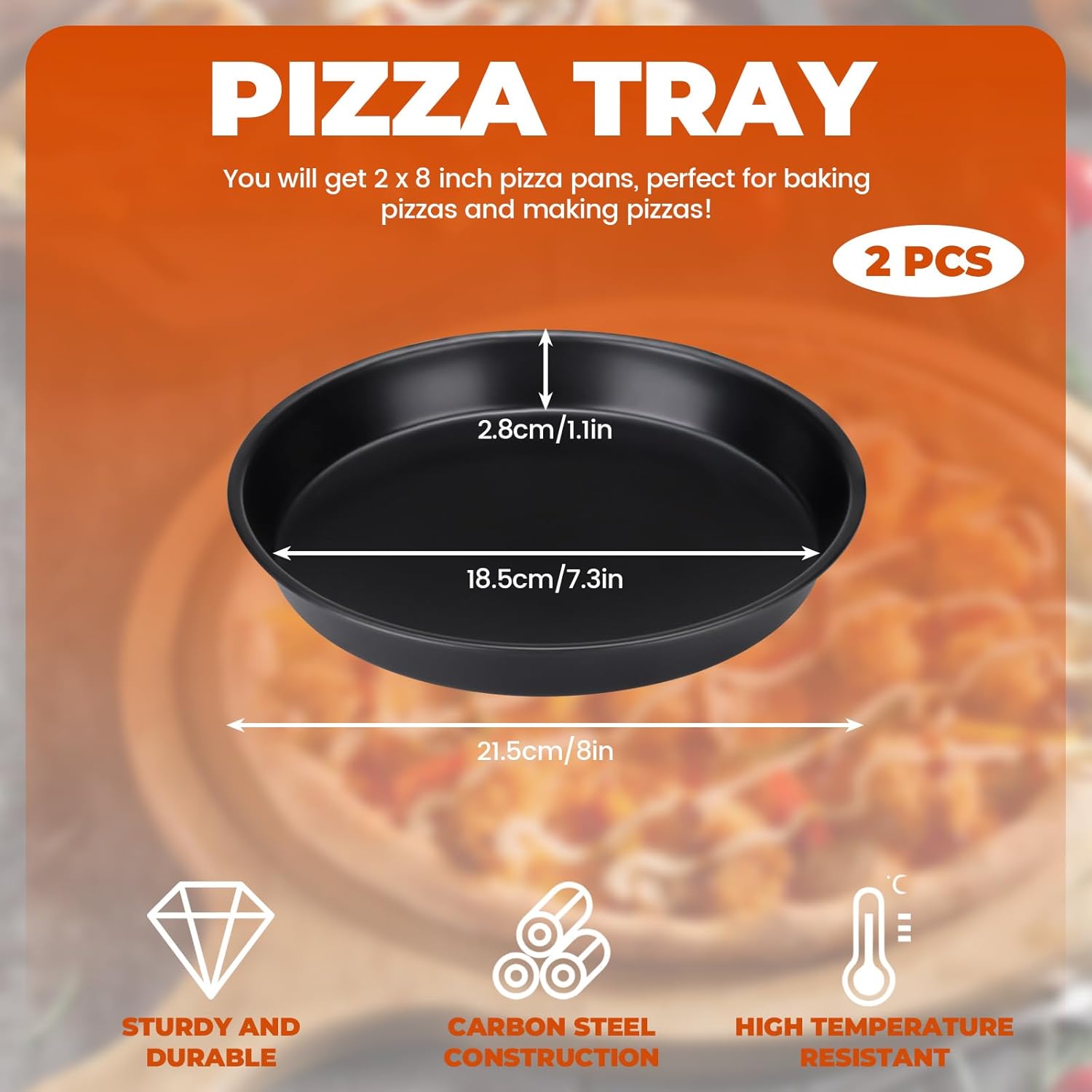 Diakey 2 Pack Pizza Pan for Oven, Deep Dish Pizza Tray, Non-Stick Carbon Steel, Round Baking Sheet Plates, 8 Inch - Image 2