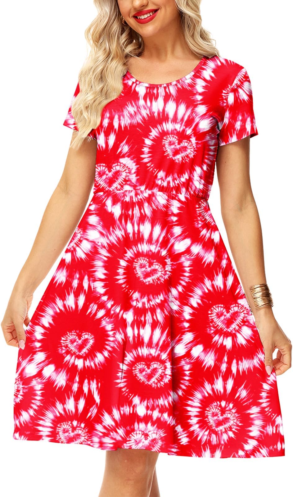 DeeroseChristmas Short Sleeve Dresses Women Xmas Elastic Waist Midi Dresses Casual Tunic Dress