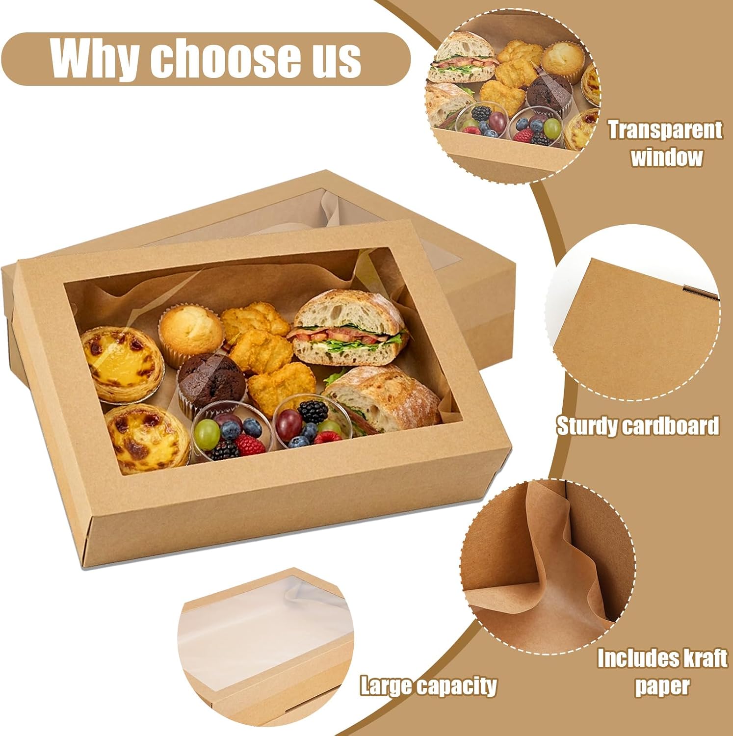 Condition photo showing New/Like New for 10 pack bakery boxes with window, 11.8x7.87x3.15 inch large cookie boxes, cardboard pastry boxes, take out containers for baking pies, cakes, muffins and pastries (s) s-11.8x7.87x3.15 inch