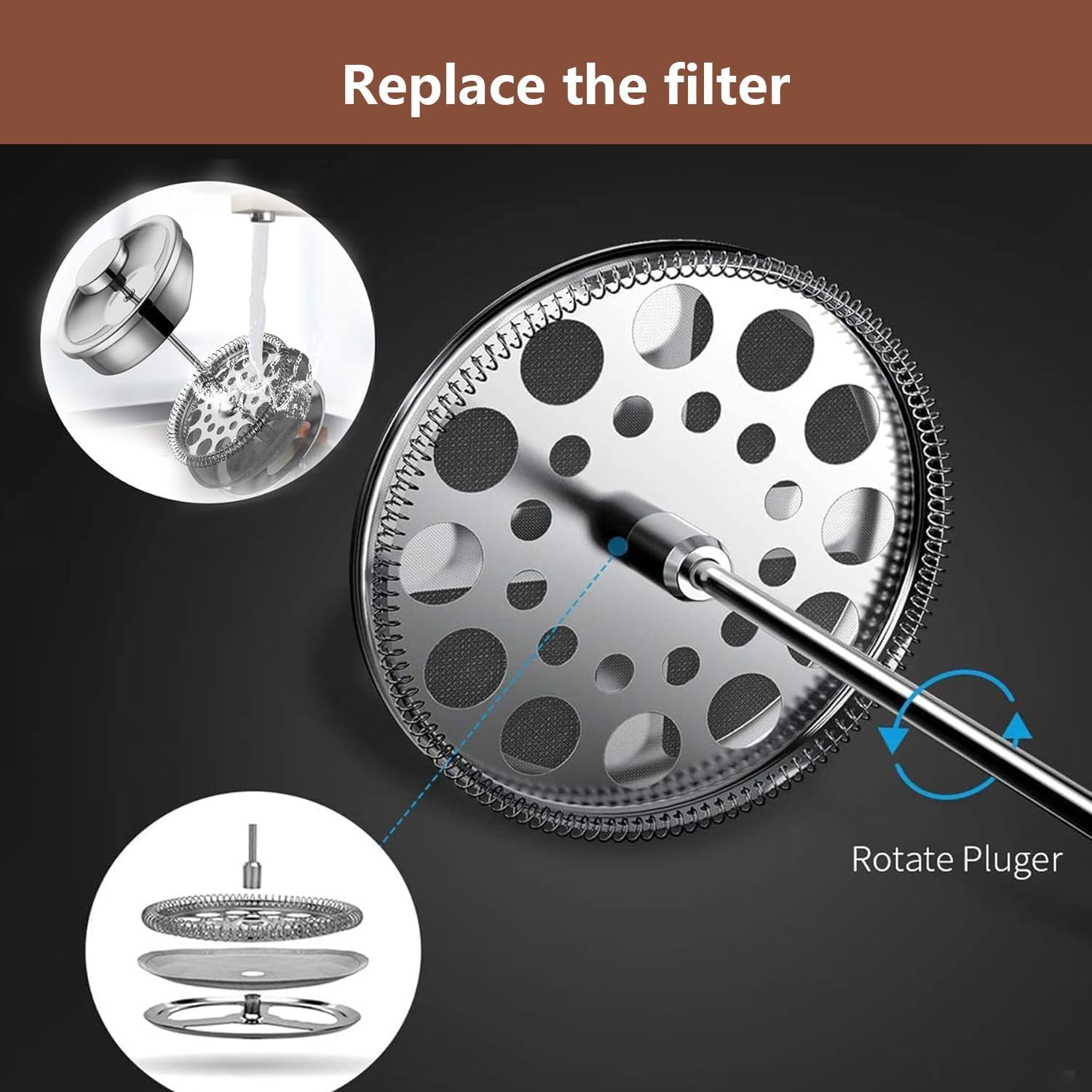 French Press - Caffettiera da 1,5 litri, in acciaio inox, a doppia parete, isolata, con 3 filtri extra (argento, 1500 ml, 6-8 tazze)