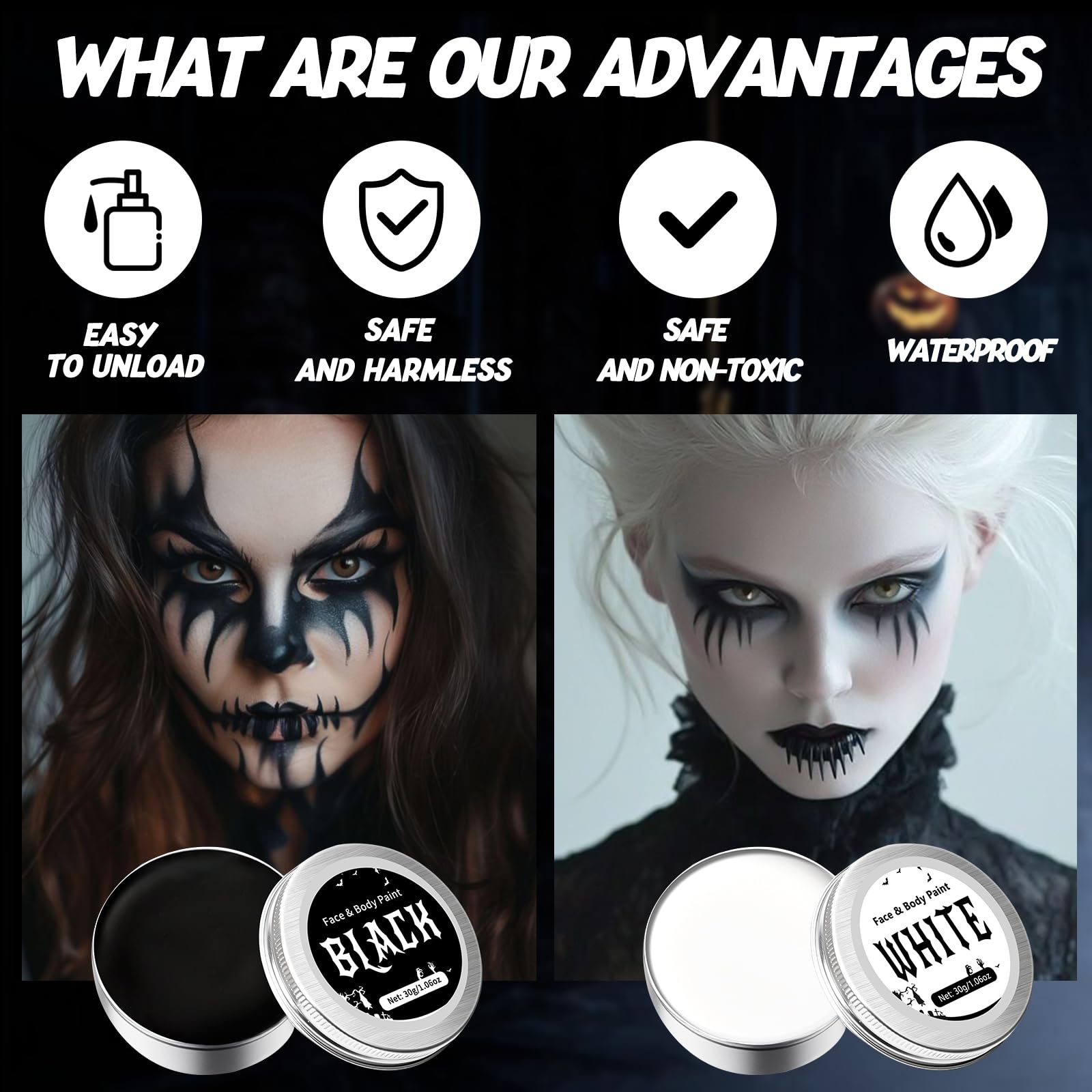 Trucchi Bianco e Nero per Viso Halloween, Trucchi Halloween Make up, Trucco Carnevale Halloween Bambini Donna Adulti, Bianco e Nero Body Painting per Carnevale Feste Clown Effetti Speciali Sfx 60g