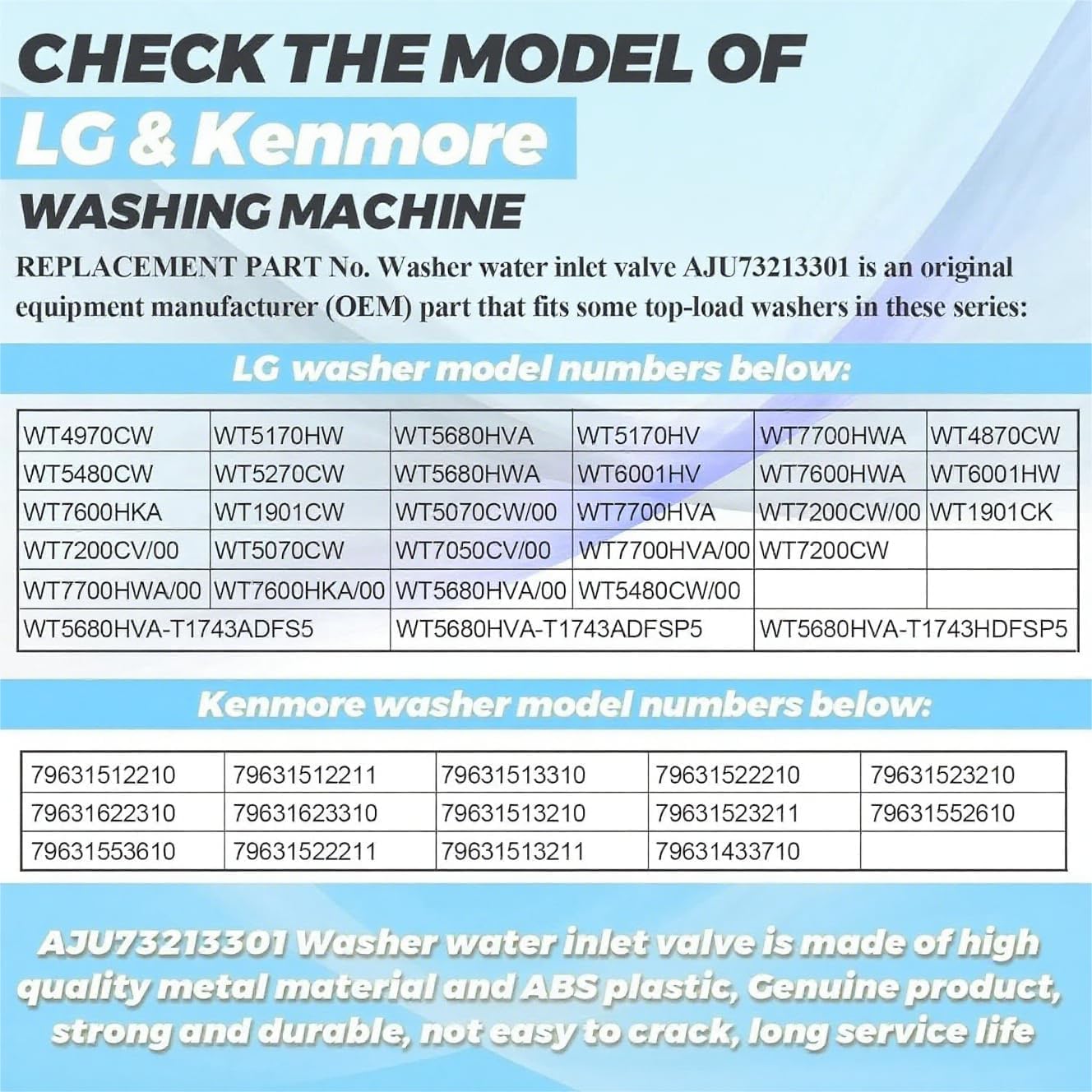 （2026）AJU73213301 AJU75152601 5221EA1008F Water Inlet Valve Water Valve fits for Kenmore LG Washers WT7200CW, WT5001c*, 79631522211, WT4801CW, WT1201CW