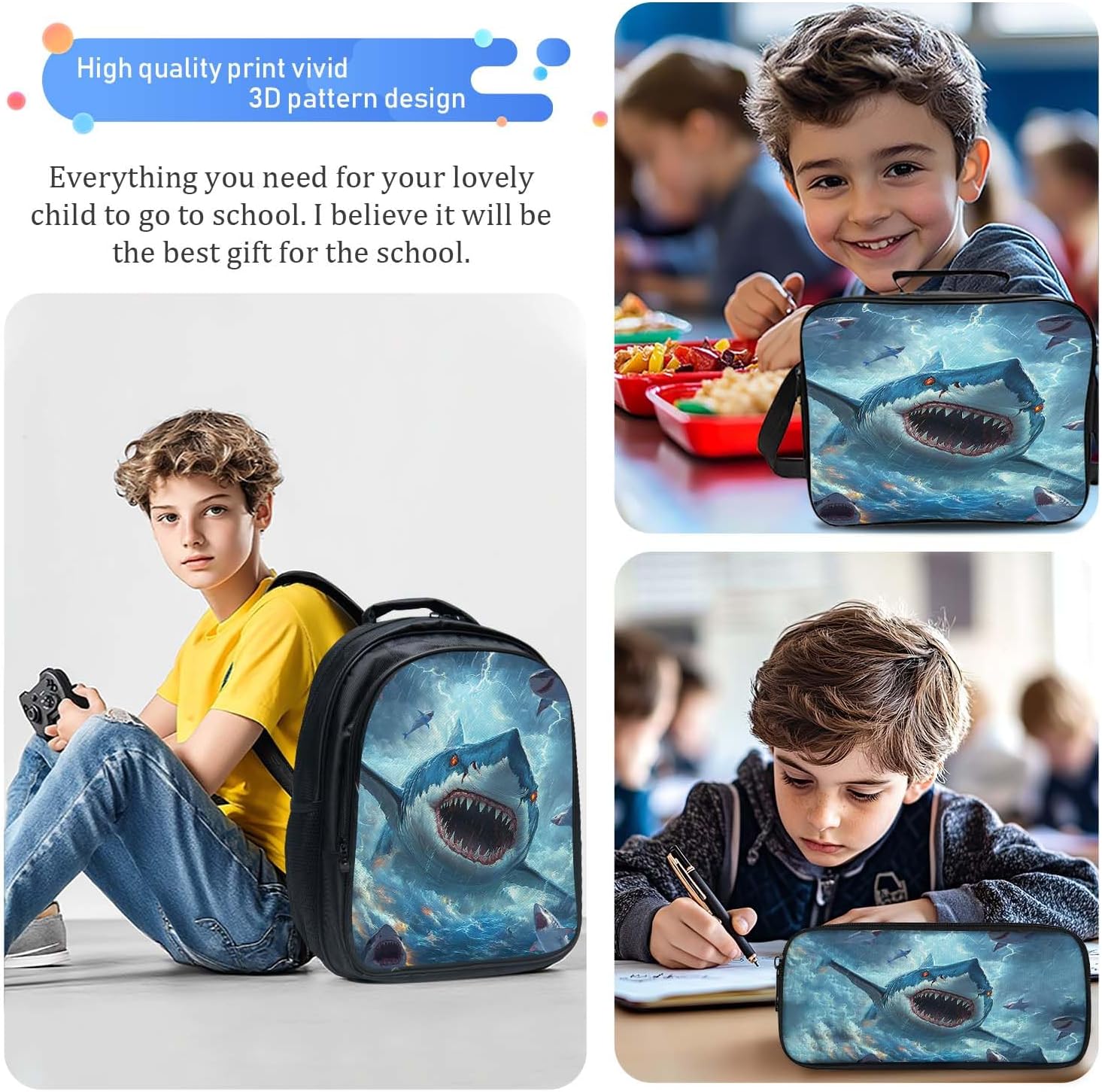 Shark Backpack 3PCS 16" Preschool Elementary Schoolbag with Lunch Box Pencil Case Bookbag Set for Girls Boys Kids Children Teens School Students - Image 4