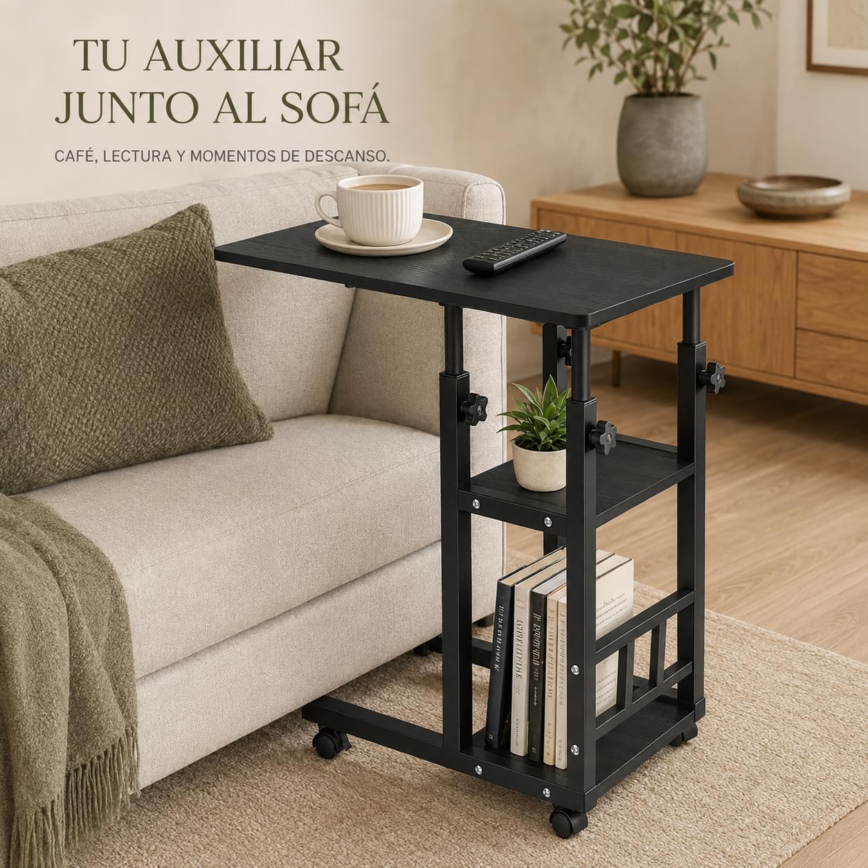 Mesa Auxiliar con Ruedas y Estantes - Escritorio Regulable en Altura 60 x 40 cm - Mesa para Ordenador Portátil, Sofá y Cama con Almacenamiento